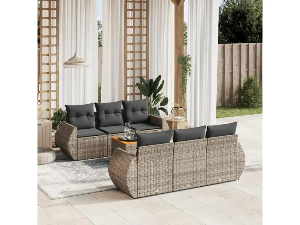 Set de sofás de jardín 7 piezas con cojines ratán PE gris NZTS04287