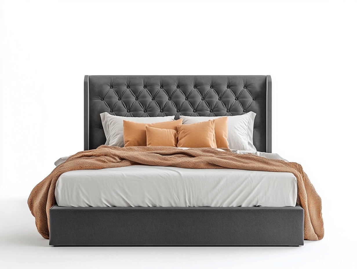 Cama doble tapizada en gris oscuro con cabecero capitoné