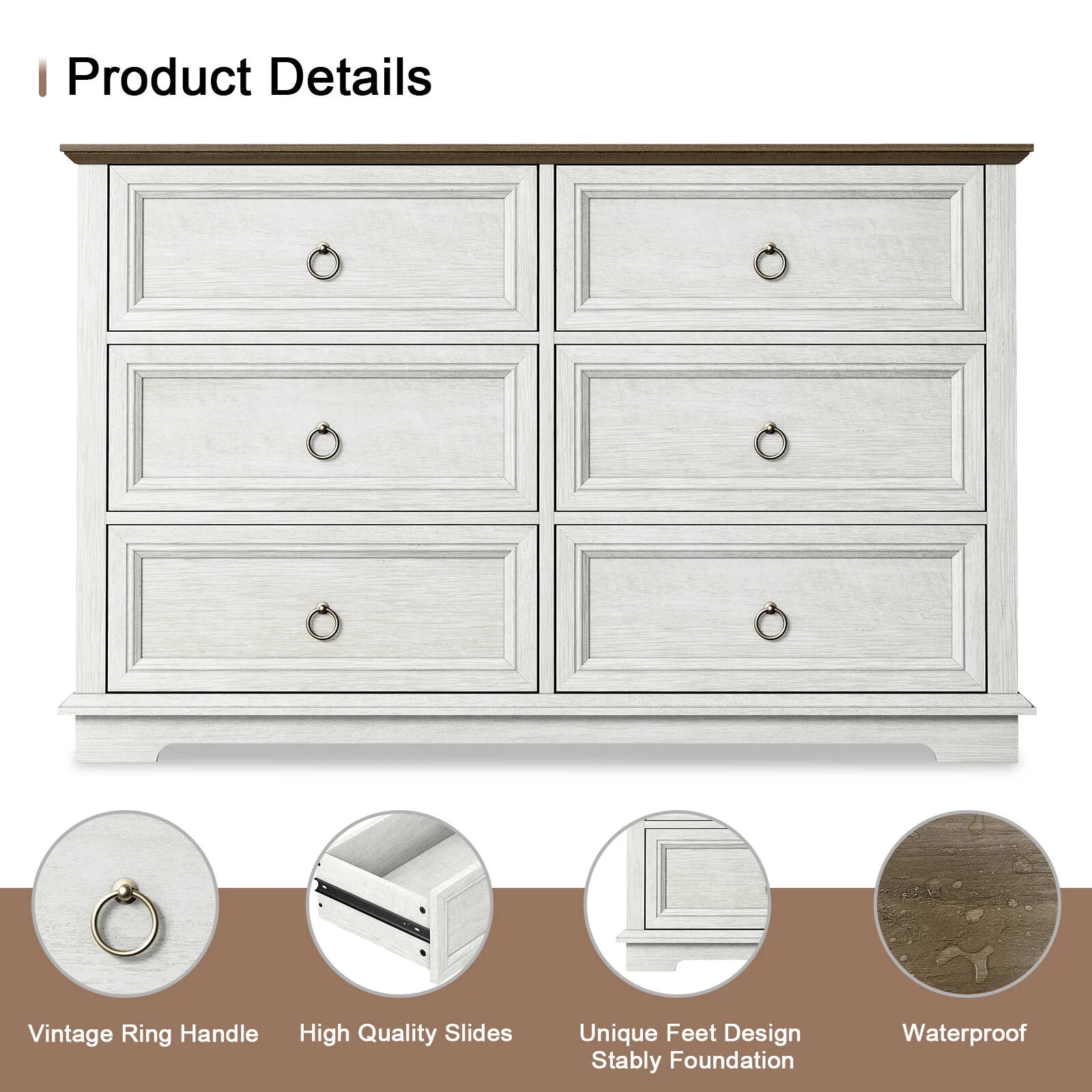 FAGAGA 6 Drawers Dresser for Living Room,Storage Cabinet Wooden Dressers Organizer for Bedroom,White - Image 9
