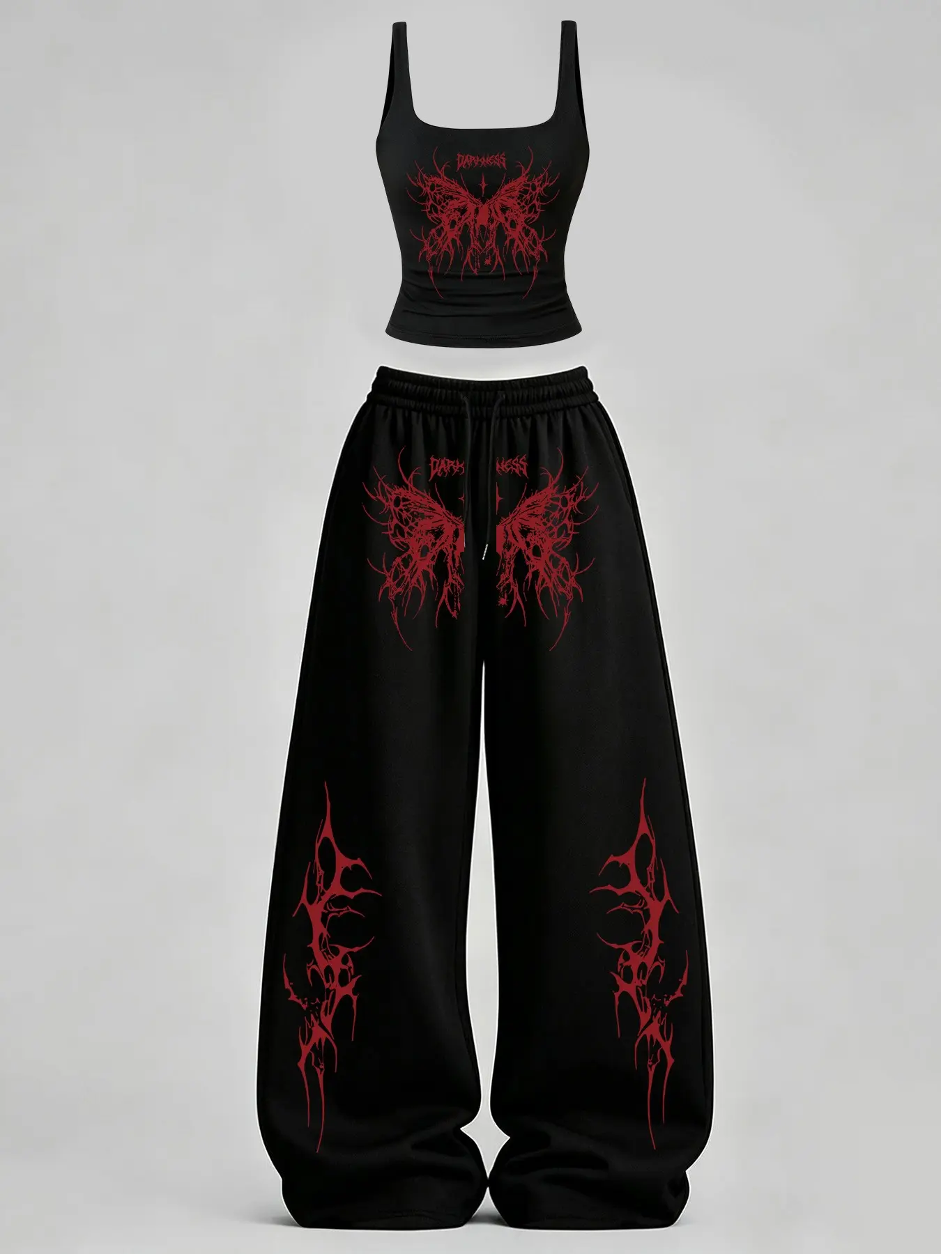 Women's Casual Tank Top Set, Slim-Fit U-Neck Backless Vest & Loose Long Pants, Butterfly Spider Web Print TeeThreads Sustain the Scene with Custom Apparel