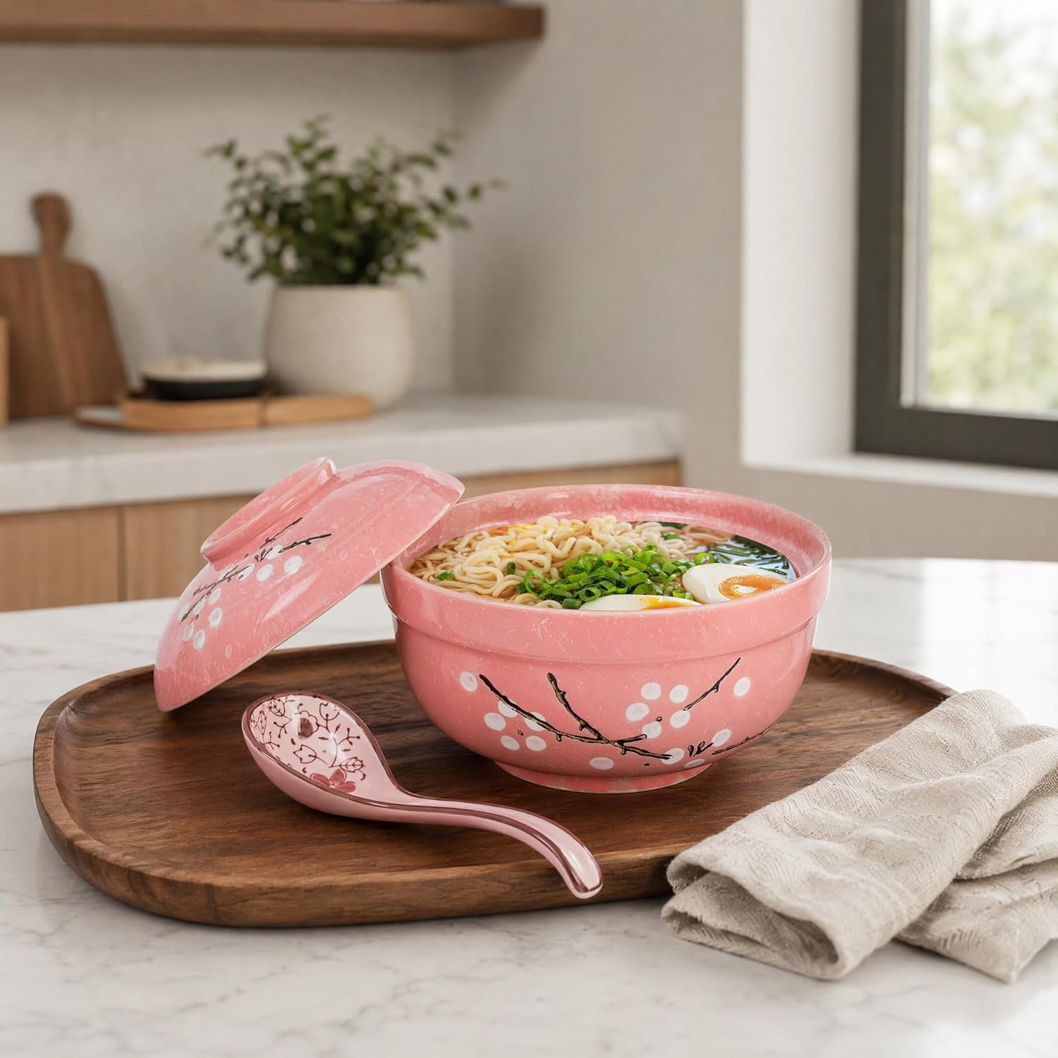 Goaste 2 Pack Ceramic Ramen Noodle Bowl, 27 OZ Big Ramen Bowl with Lid, Japanese Hand-Painted Ceramic Tableware, Durable Floral Soup Bowl for Noodles, Porridge, Rice, Dishwasher Safe(Pink, Cyan Blue)