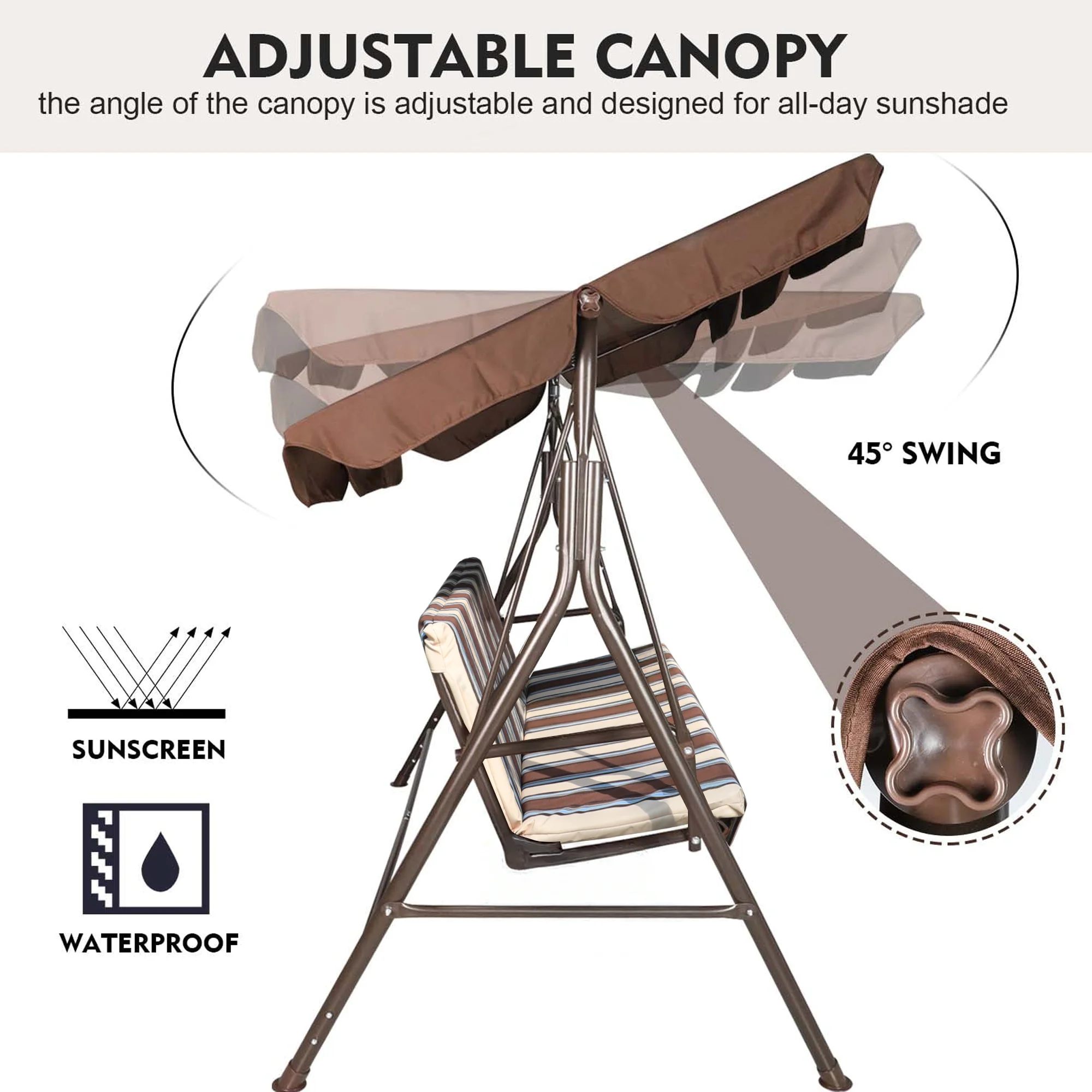 GVDV 3-Seat Steel Porch Paito Swing with Stand,Outdoor Swing Chair with Canopy,Yard swing&Outside swing,Canopy Swing-Brown - Image 19