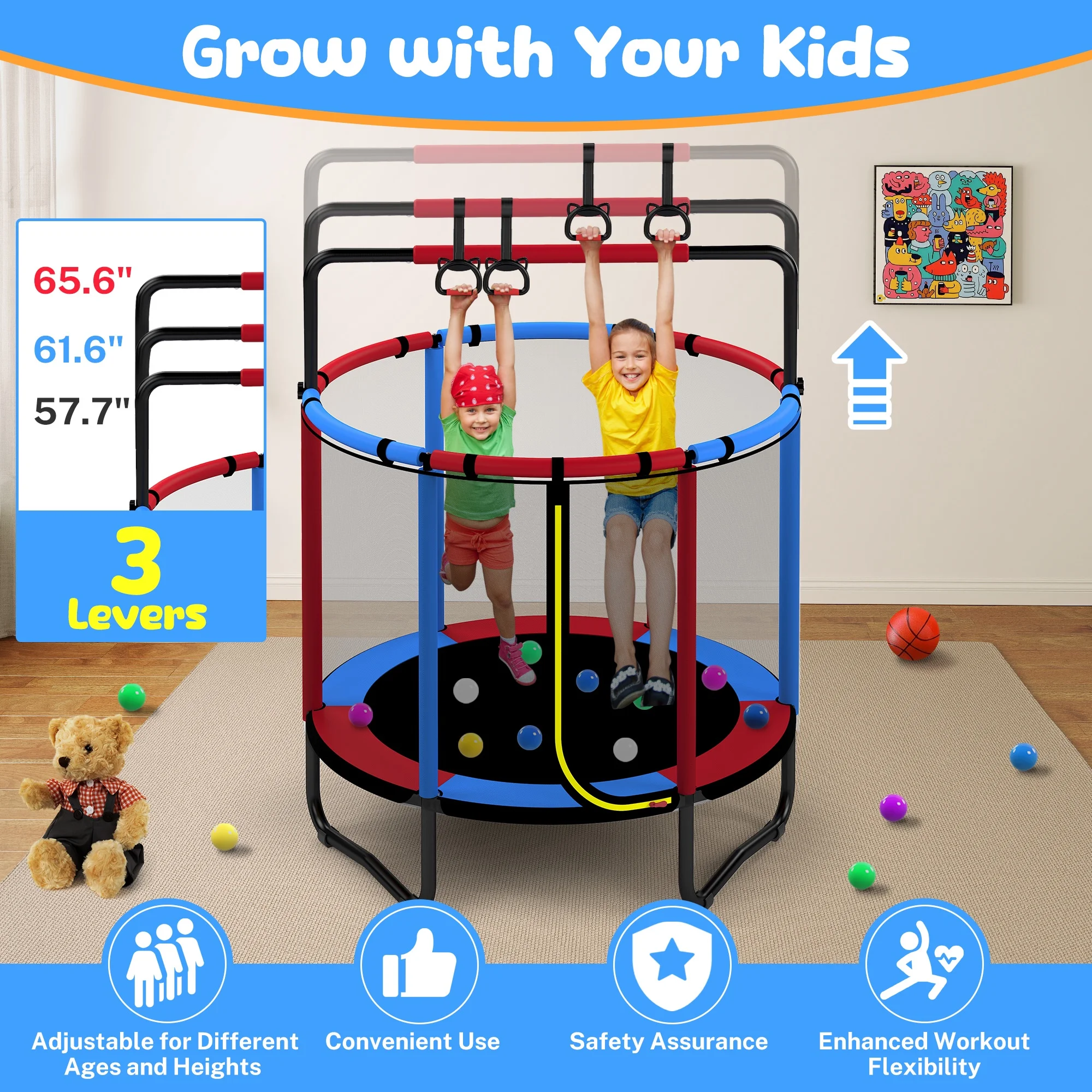 Mini Round Trampoline for Kids with Basketball Hoop, SEGMART 55'' Indoor Outdoor Toddler Trampoline with Enclosure Net, Swing, Sandbag, Ring, Ocean Balls, Small Trampoline Gift for Boys Girls, Blue - Image 10