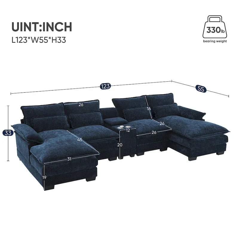 123*55 Contemporary U-Shaped Sofa with Console, Cup Holders, USB Ports, Upholstered Sleeper Couch Set with Chaise