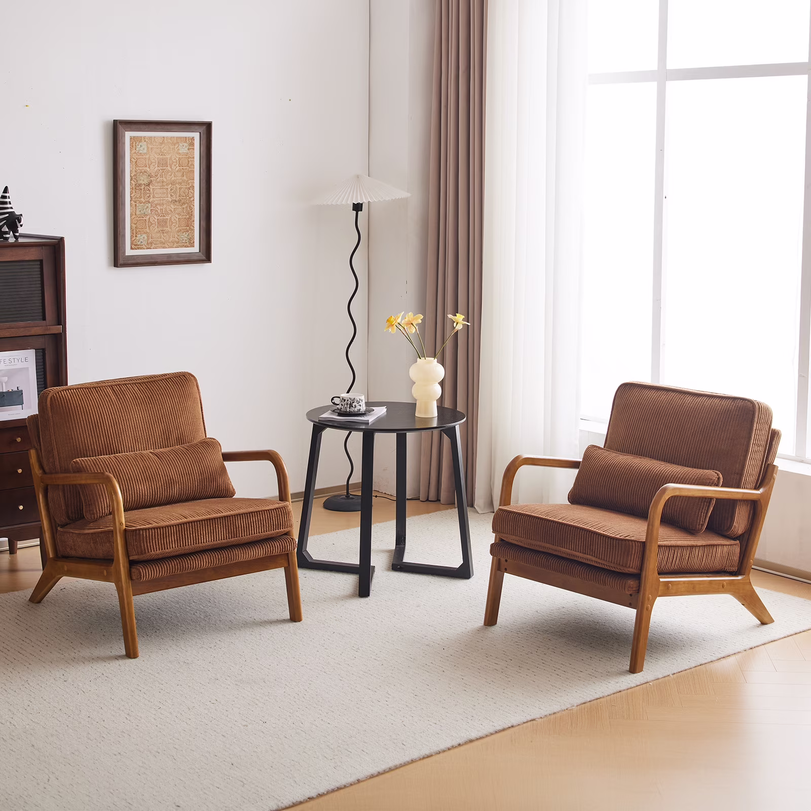 Ktaxon Accent Chair Corduroy Upholstered Armchair, Reading Club Chair with Pillow and Solid Wood Frame for Living Room Bedroom Furniture Off White - Image 5