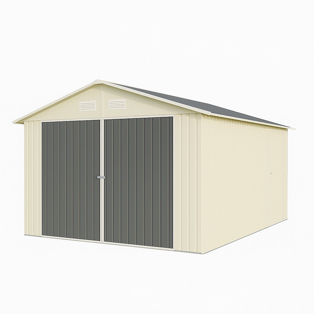 Garaje de metal, resistente a la intemperie, color beige con puertas de dos hojas.