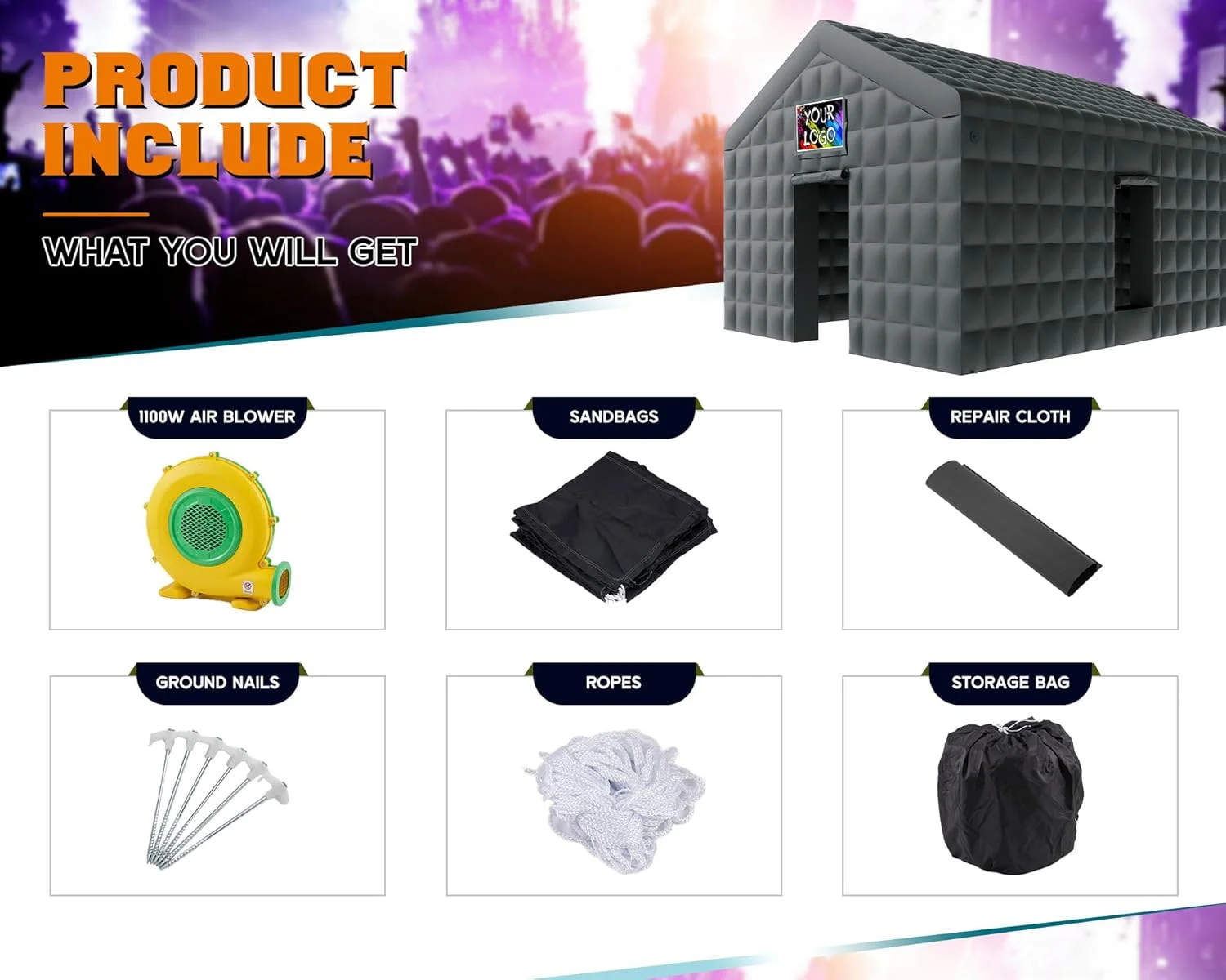 Jocisland 20x16x14 ft Large Black Inflatable Night Club Tent for Adults with 2 Side Doors, Inflatable Nightclub with Logo Area Gazebo Event House - Image 8