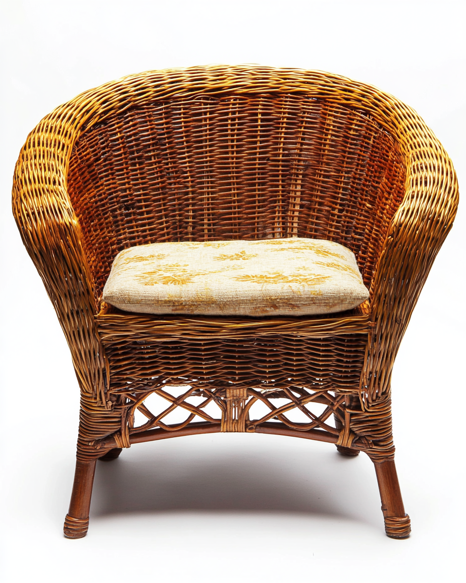 Sillón vintage de mimbre natural con cojín decorativo para interior o terraza