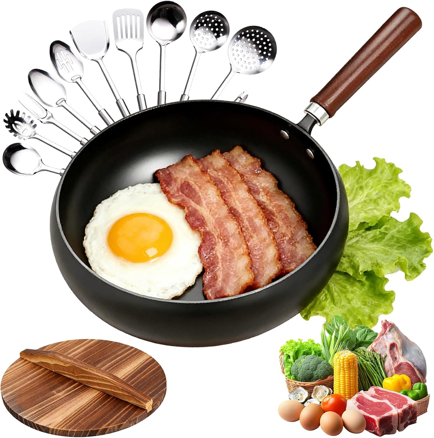 Uncoated Thick Iron Pot, Even Heating Non-Stick Japanese Wok Pan with Lid, Hand-Forged Japanese Cast Iron Wok with Spatula, Cast Iron Pot for Induction, Gas & Electric Cooktops (24cm-Wooden)