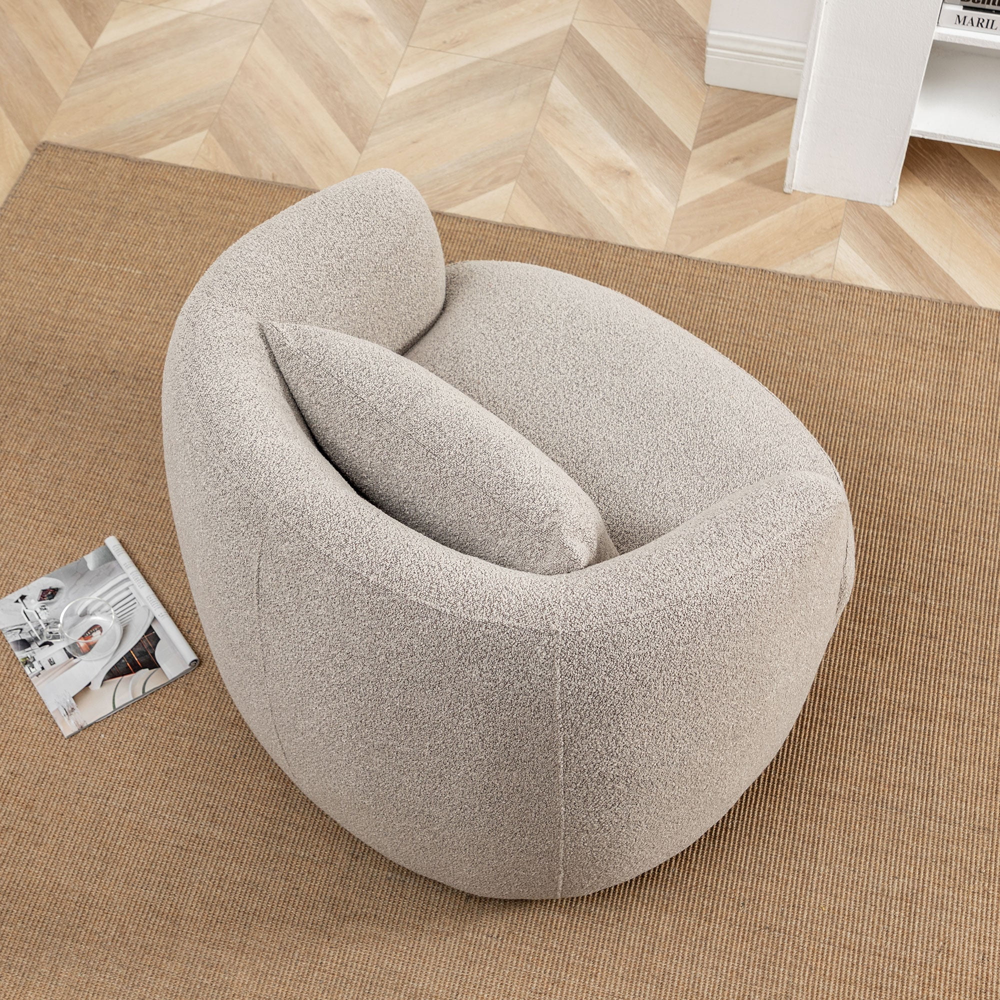 34" Wide Boucle Swivel Barrel Chair, No Assembly Round Upholstered Armchair Accent Chair Single Sofa Chair with Toss Pillow for Living Room and Bedroom, Taupe - Image 2