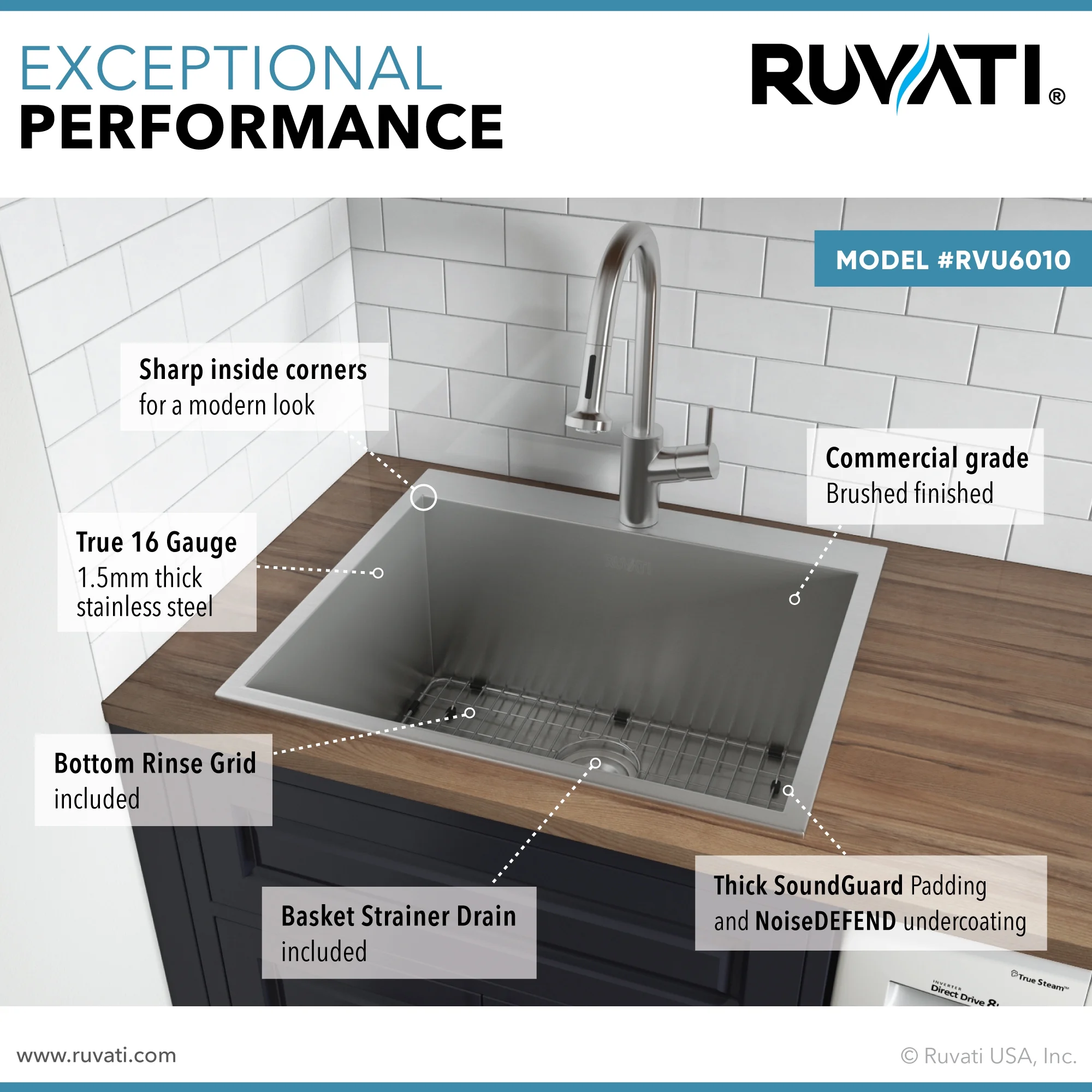 Ruvati RVU6010 25 x 22 x 12 in. Topmount Laundry Utility Sink Deep 16 Gauge Stainless Steel - image 3