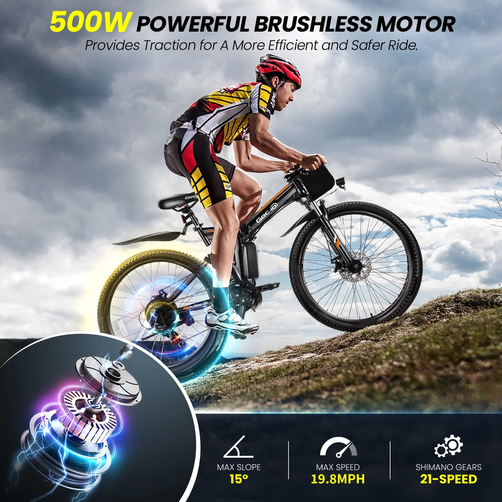 Gocio 26" Folding Electric Bike for Adults, 500W Electric Mountain Bike, Dual shock absorbers, 48V 7.8Ah Battery, Shimano 21 Speed, UL2849 - Image 13