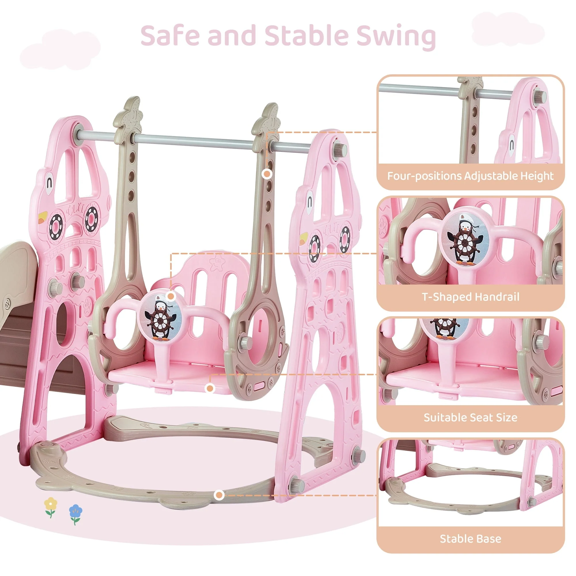 DUKE BABY 4-in-1 Kids Swing and Slide Set for Toddler Age 1-6, Extra Large Baby Indoor Outdoor Activity Playground with Basketball Hoop and Climber – Pink - Image 4