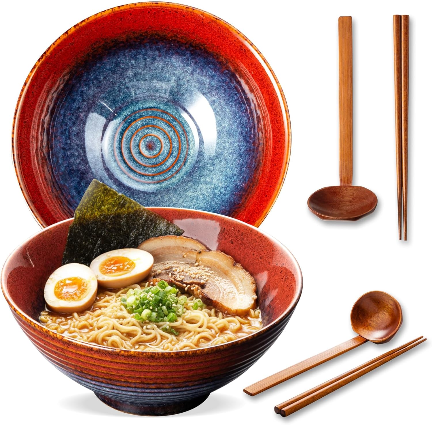 8 Inch Ceramic Ramen Bowl Set of 2, 40oz Japanese Bowls with Spoons & Chopsticks,Durable,Microwave & Dishwasher Safe,Perfect for Ramen,Pho,Salad,Soup,Noodles，Mixing bowls（Verdigris Green）