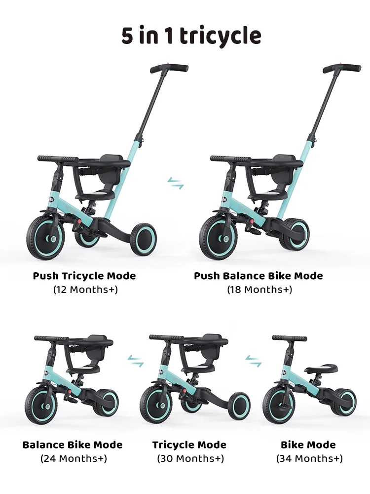 newyoo TR008 5-in-1 Toddler Tricycle with Push Handle, Converts to Balance Bike for 1-3 Year Old, Khaki - Image 11