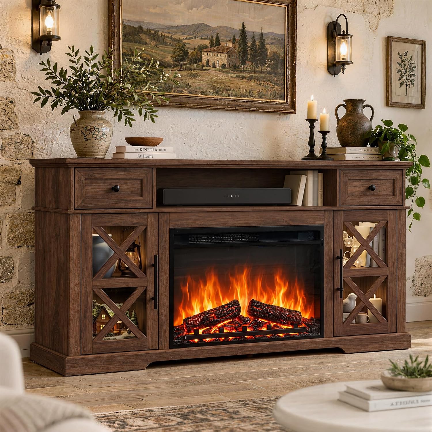 YINIX 59" Fireplace TV Stand with Wider 26" Electric Fireplace, Red Walnut - image 2