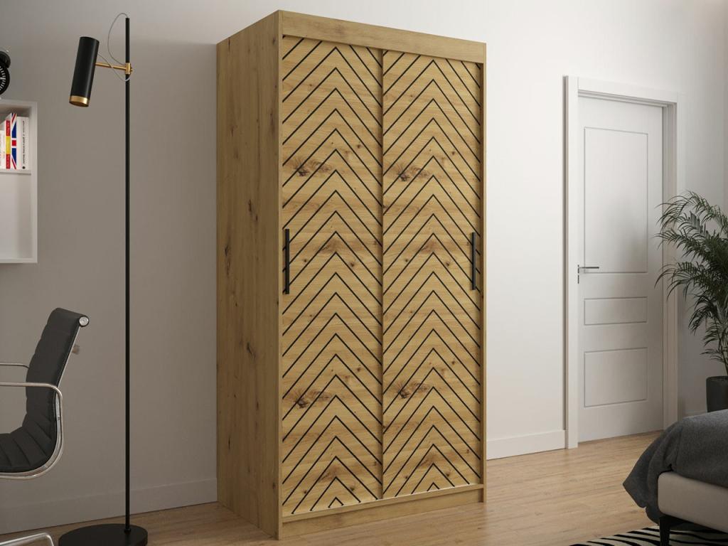 Armario Cozetiq 306 - Roble Artisan - Negro - 200x100x62cm - Puertas de armario Correderas