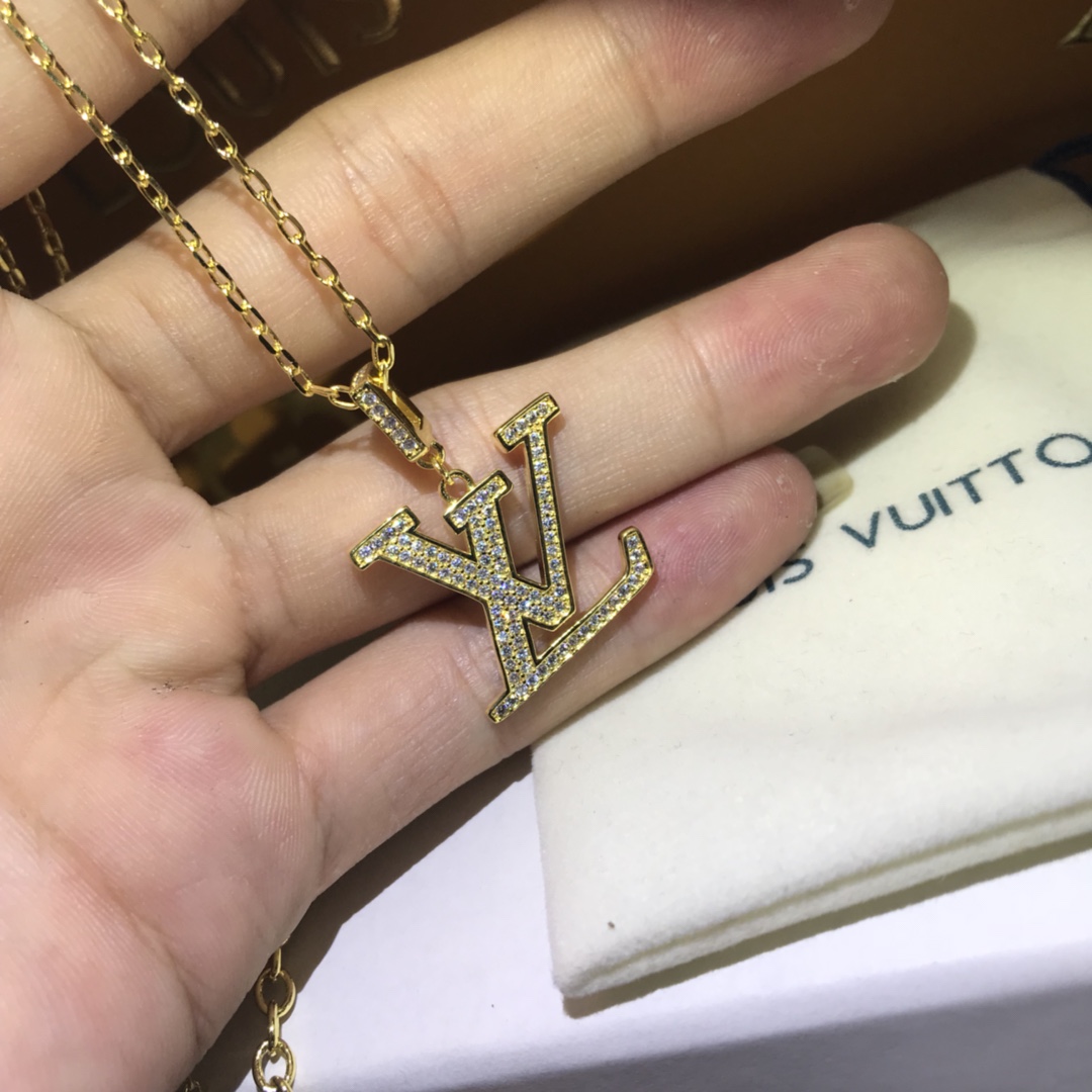 Louis Vuitton Full Diamond Paved LV Pendant Necklace - Original Replica Club