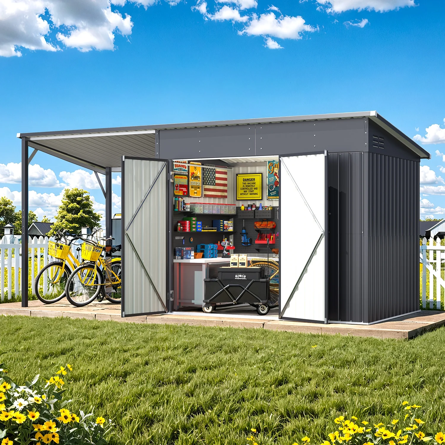 YODOLLA Outdoor Open-Sided Storage Shed, 3x5 Sheds & Outdoor Storage with 15 Sq. Ft Covered, 5x3 Small 2-in-1 Tool Shed with Attached Hardtop Metal Pergola Gazebo - Image 21