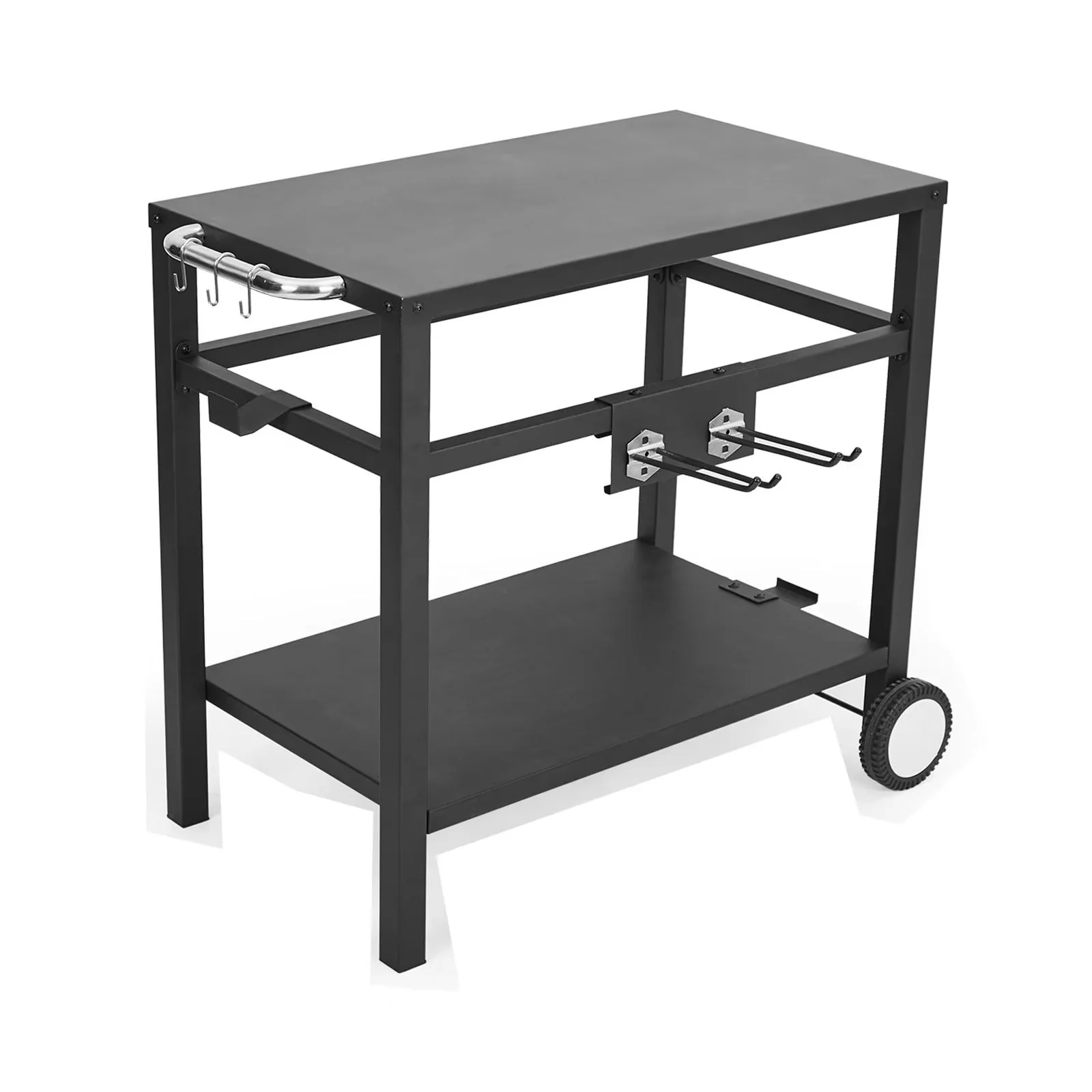 Outdoor Grill Cart Pizza Oven Stand, Double - Shelf Outdoor Movable Dining Cart Table Outdoor with Wheels Hooks, Side Handle, Stainless Steel Kitchen Work Table Cart for Bar, Patio, Camping(Black)(Black)