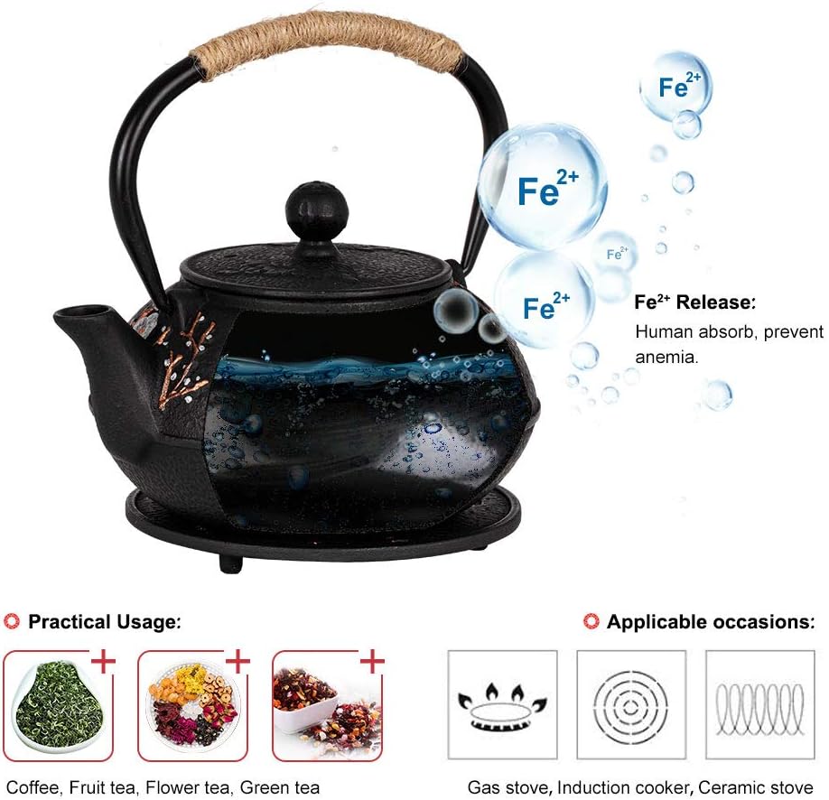 Cast Iron Teapot with Tea Cups Trivet Japanese Style Tetsubin Tea Kettle with Infuser Iron Tea Set Gift for Adult Father Mother Family (Black,Magpie on the Plum Design)