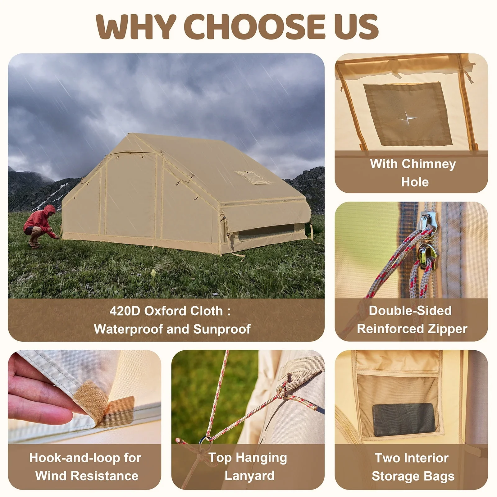 6 Person Inflatable Camping Tent with Pump, 10ft x7ft Glamping Family Tent Easy Setup 4 Season Waterproof Windproof Outdoor Blow Up Tent Luxury Oxford Cabin with Mesh Windows & Doors  sgtnighsdesigns