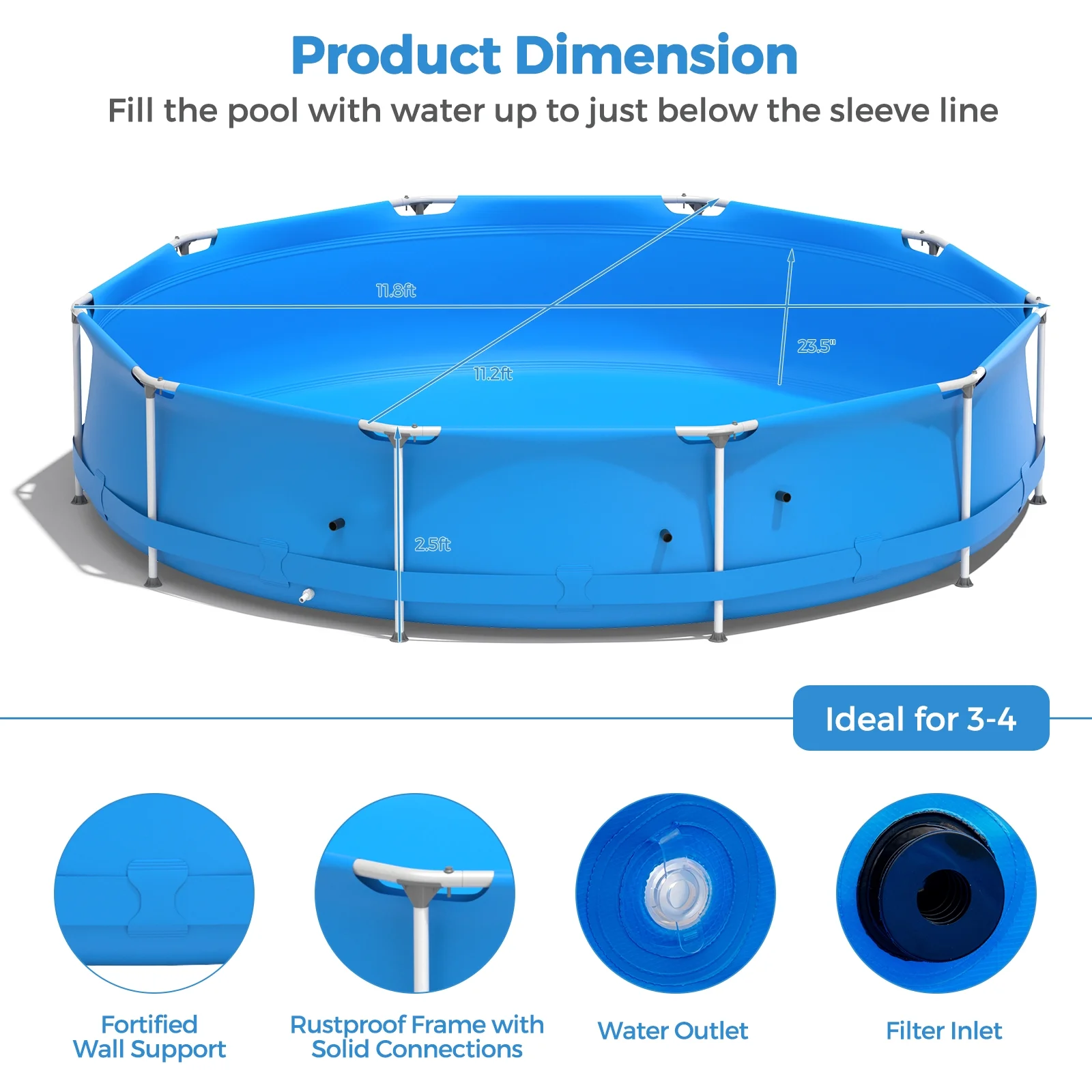 Infans Round Above Ground Swimming Pool Patio Frame Pool W/ Pool Cover Iron Frame Blue - Image 8