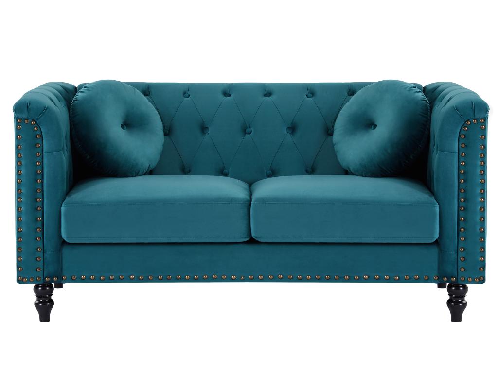 Sofá de 2 plazas de terciopelo verde azulado，capitoné con 2 cojines decorativos
