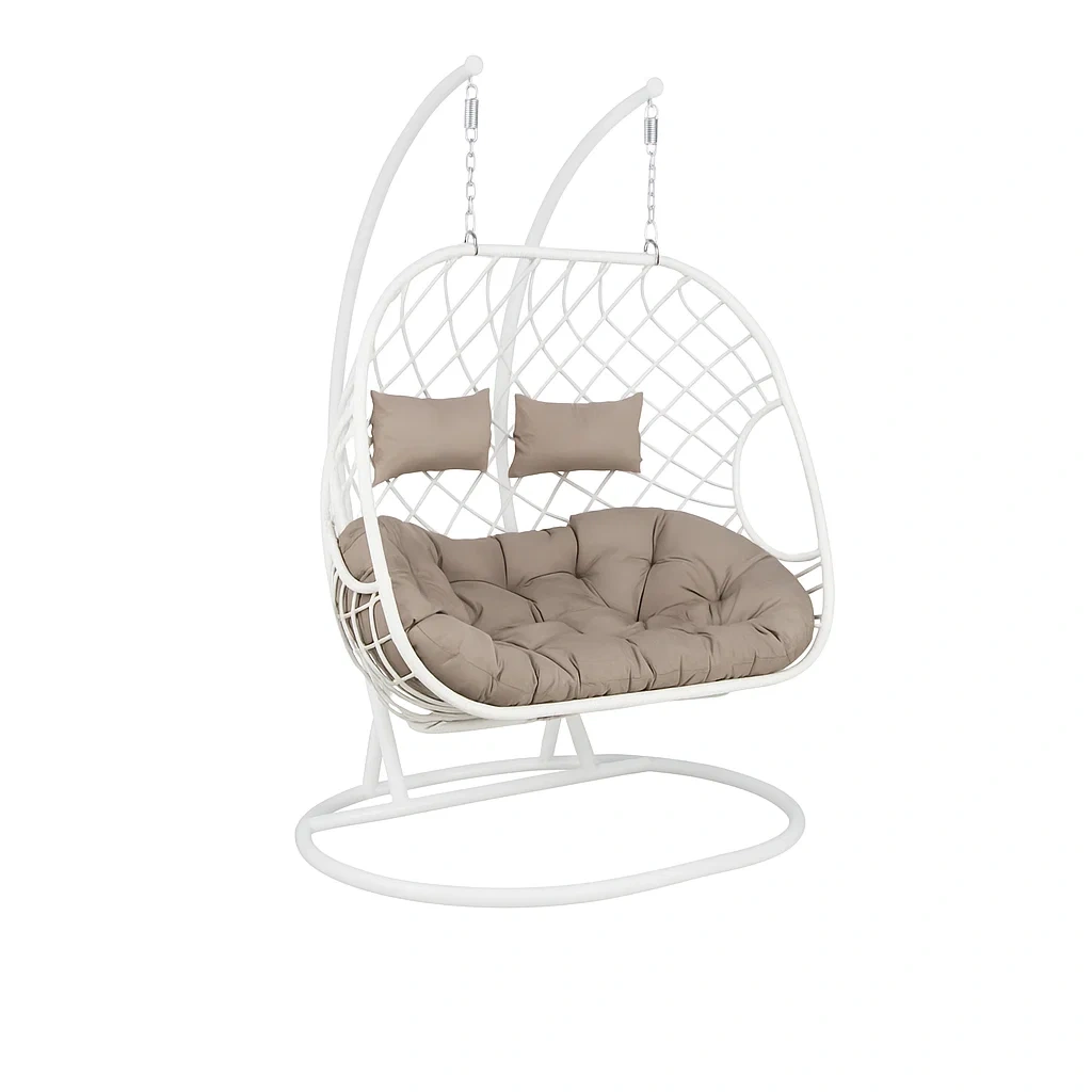 Sillón colgante de 2 plazas con estructura blanca, cojín beige - ManPrag253Jc