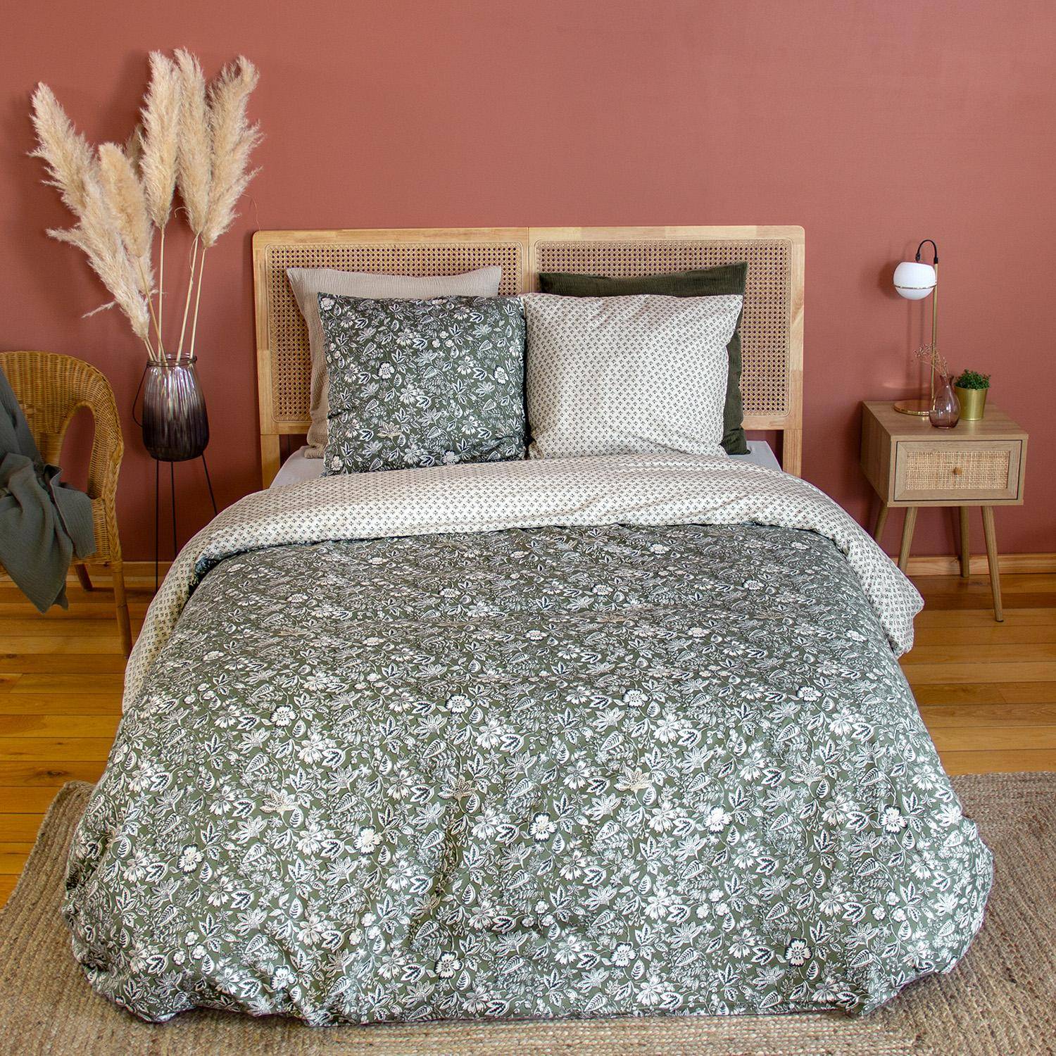 Neyo - Ropa de cama de algodón y lyocell con estampado floral verde, 2 plazas