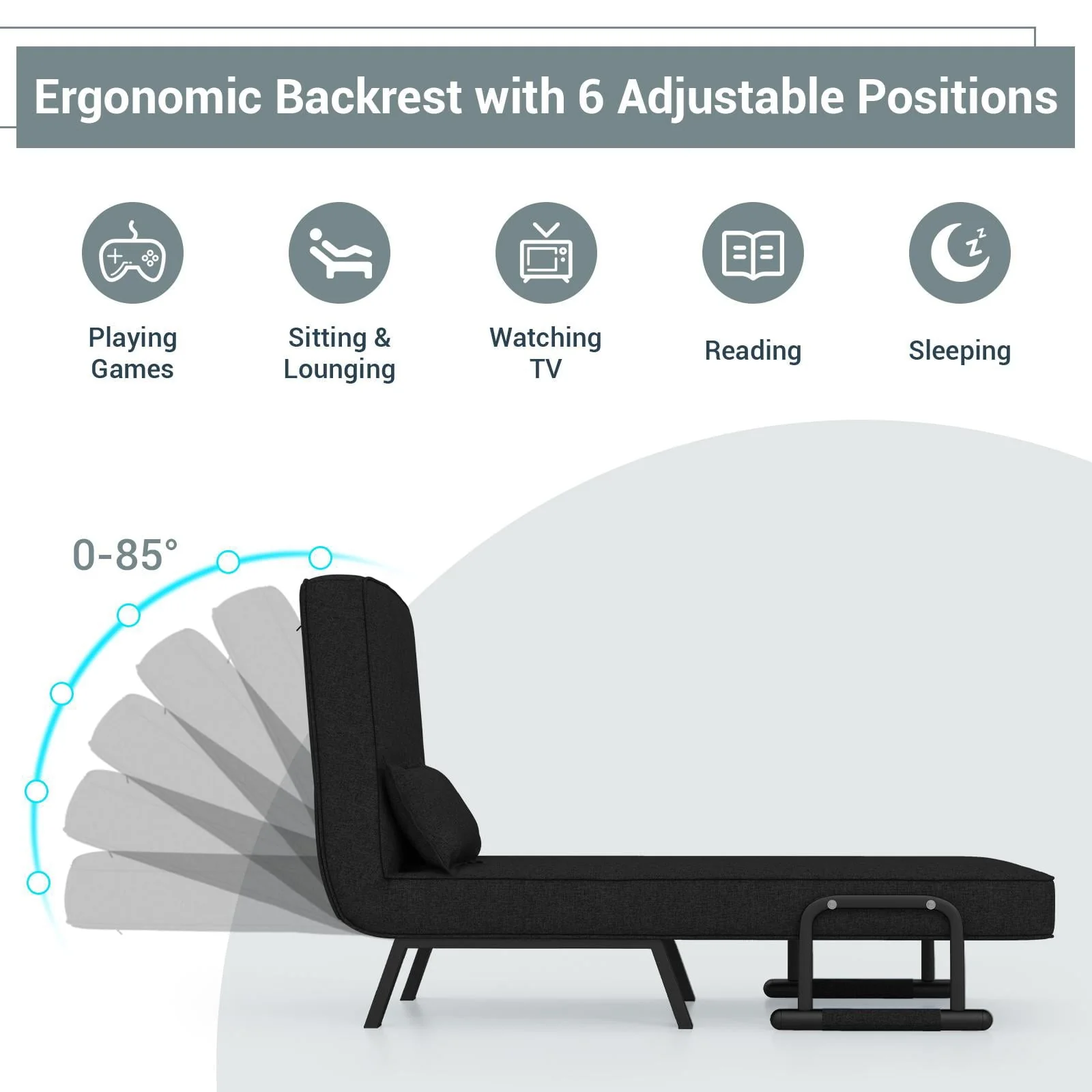 Giantex Convertible Sofa Chair Bed, Leisure Recliner Sleeper w/ 6 Adjustable Position Backrest into Lounge Seat, Folding Sofa Bed w/High Elastic Sponge, Durable Steel, Ideal for Home, Office (Black) - Image 6