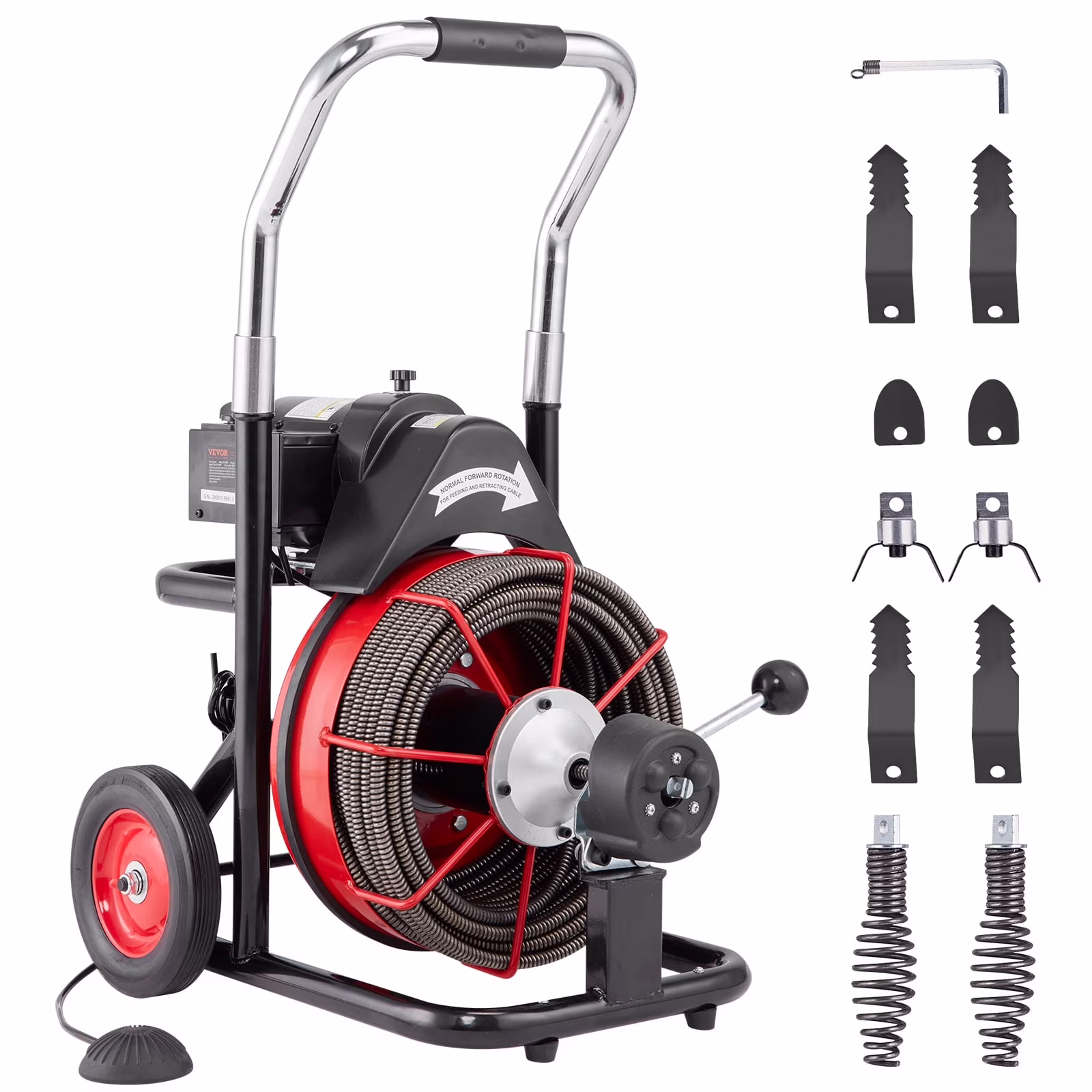 VEVOR Drain Cleaner Machine 100FT x 1/2 in, Auto Feed Sewer Snake Auger on Wheels, 550W Portable Drain Cleaning Machine with 8 Cutters Air - Activated Foot Switch for 2" to 4" Pipes
