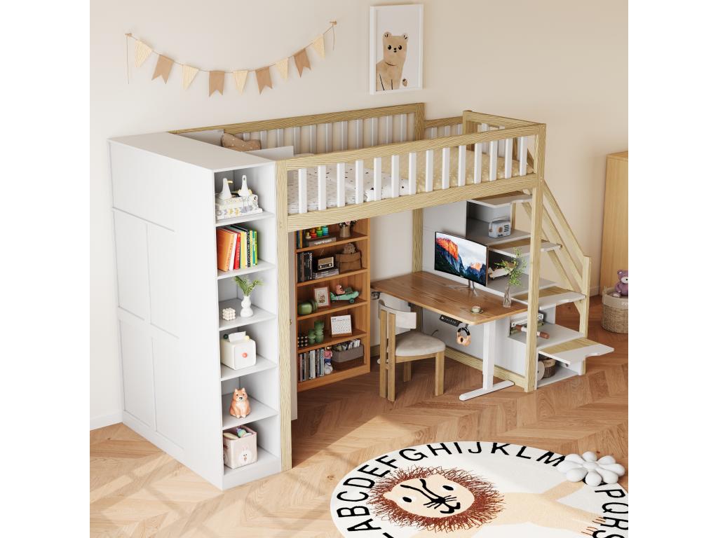 Cama entrepiso de madera de 90x200 cm - con armario - estantes y escalera de almacenamiento - Blanco