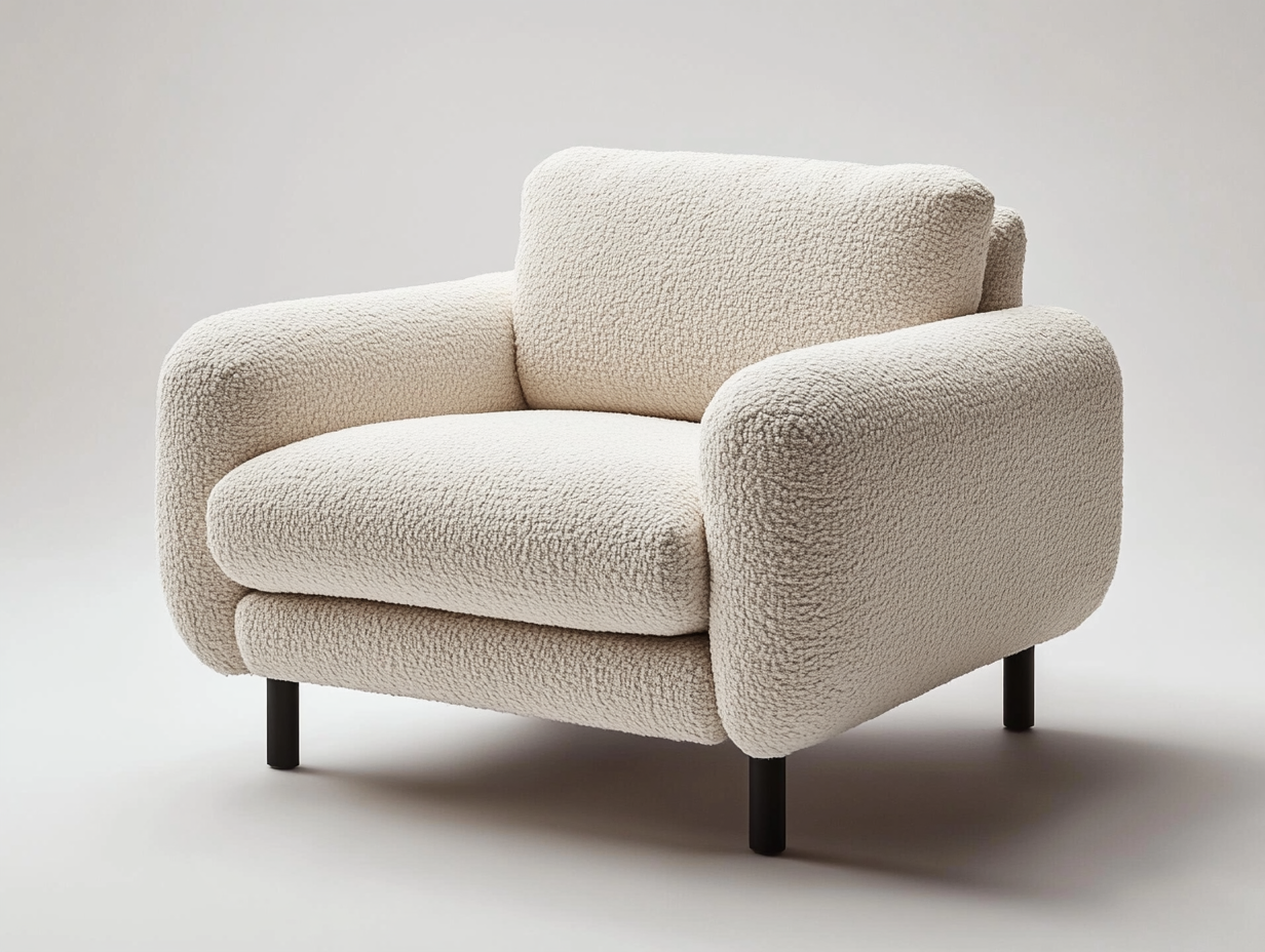 Sillón individual tapizado en tejido bouclé blanco – diseño moderno con brazos anchos – ideal para salón o rincón de lectura