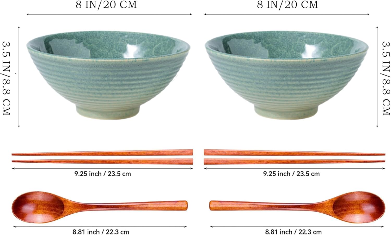 Ceramic Ramen Bowl Set - Set of 8, 2 x Ramen Bowls with Chopsticks, Ceramic Bowl & Frame Spoon for Asian Noodles and Udon (2-Piece Bowl Set) (Emerald Green 2 sets)