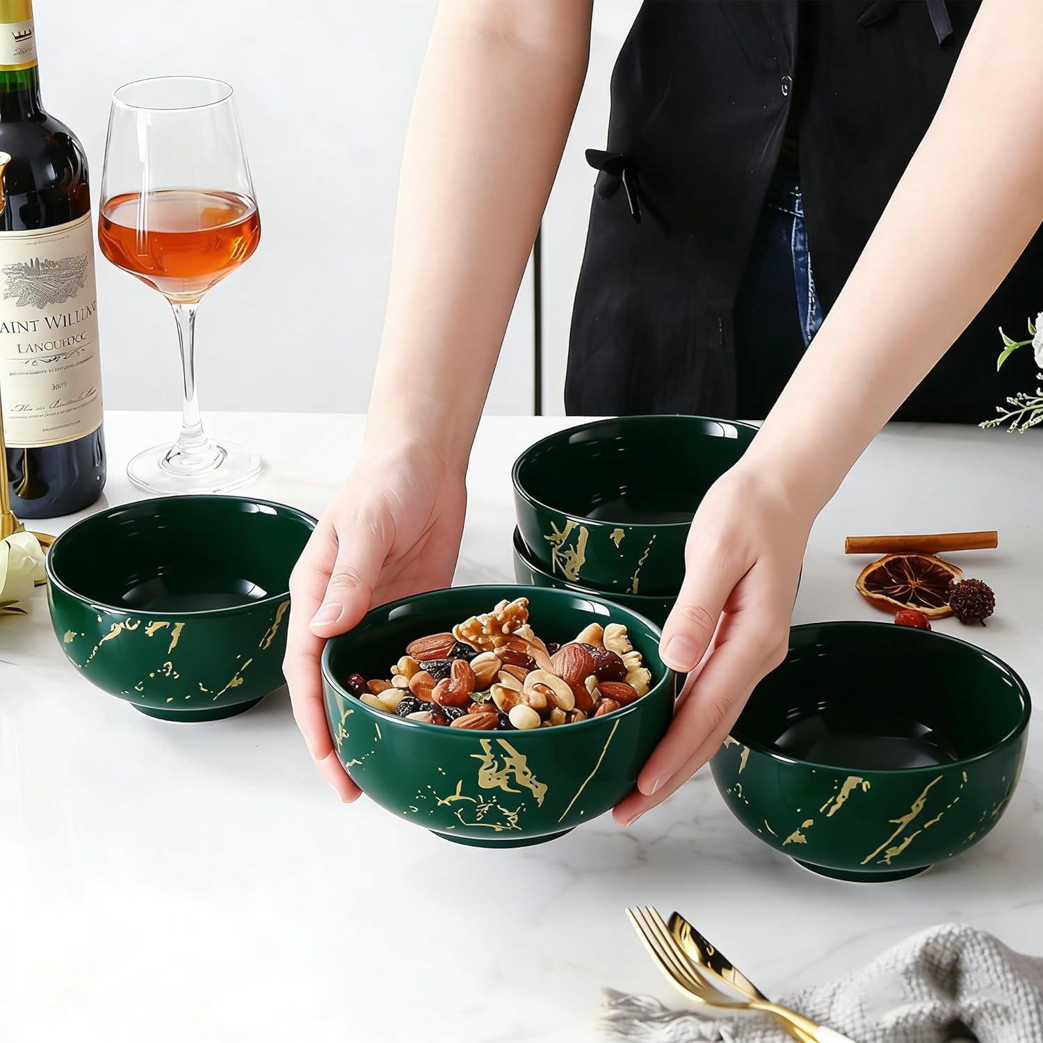6-Piece Green and Gold Marble Ceramic Bowls, 20 oz – Bohemian Soup & Cereal Bowl Set, Dishwasher & Microwave Safe, for Ramen, Pasta, Salad, Dessert