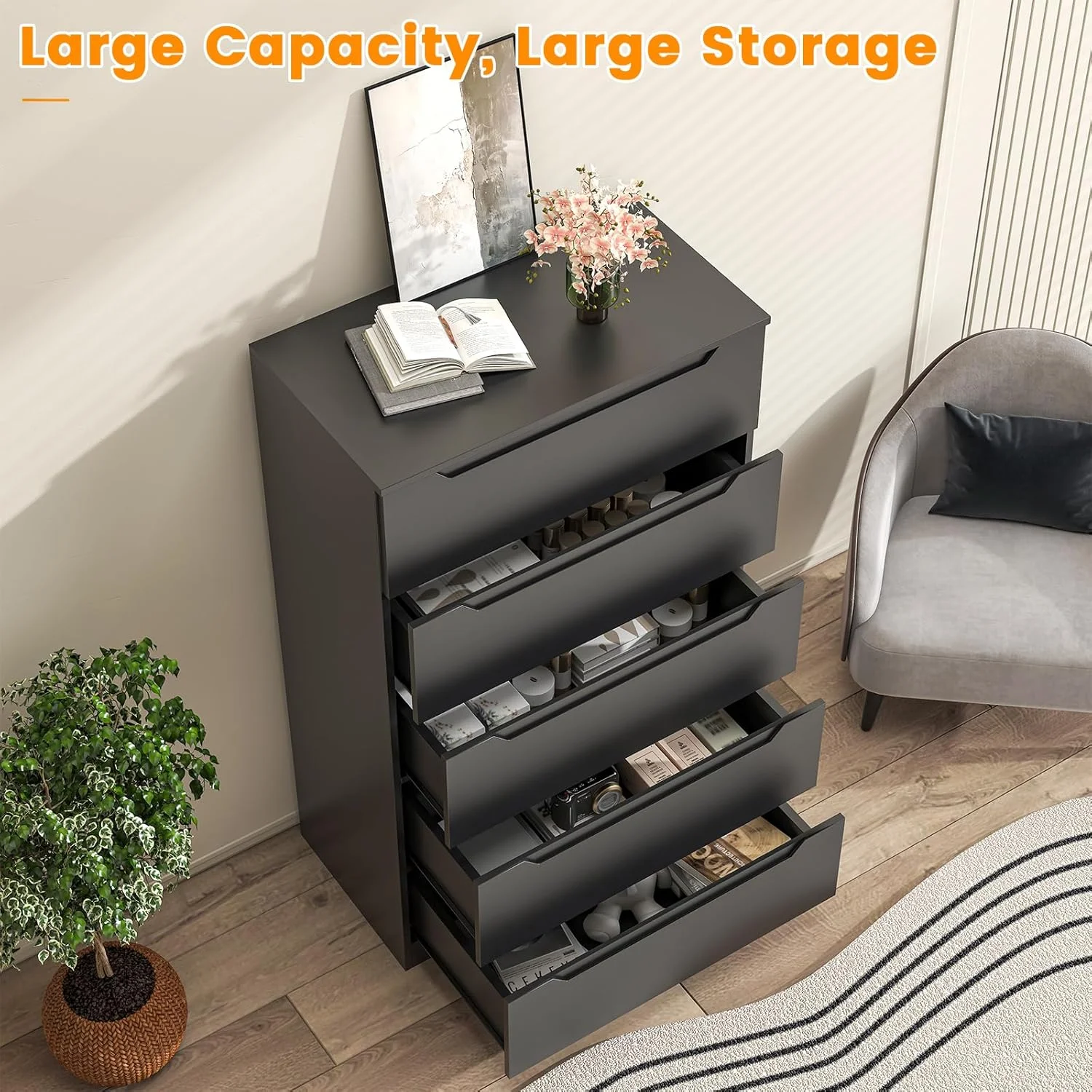 Winkalon Vertical 5 Drawer Dresser, Wood Storage Cabinet with Upgraded Stable Base for Bedroom Living Room, Black - Image 5