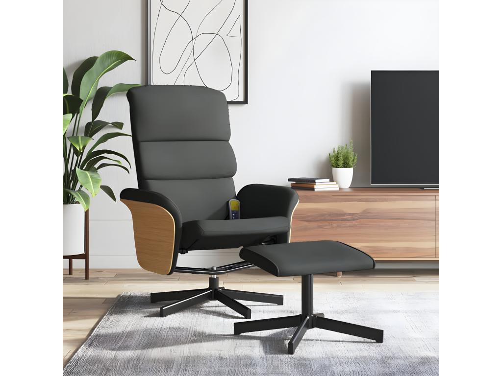 Sillón de masaje reclinable y reposapiés de tela gris oscuro.