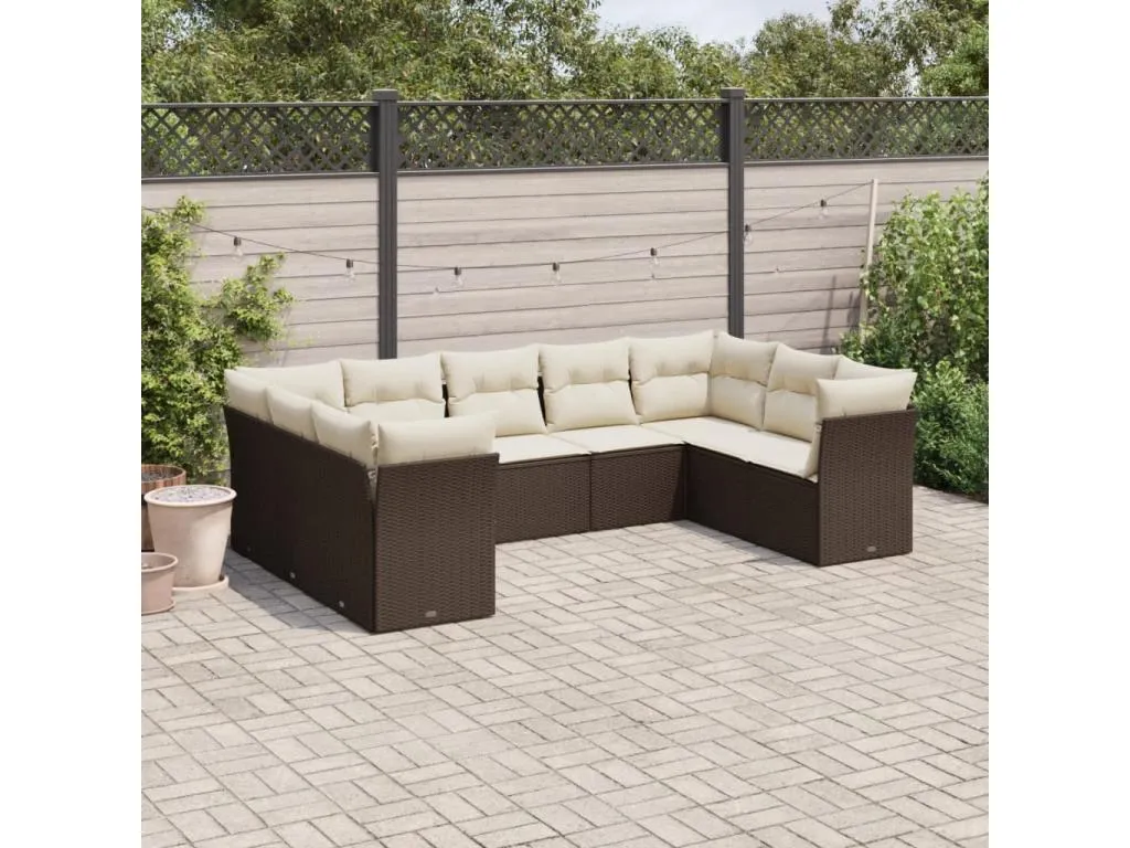 Set de sofás de jardín 9 piezas y cojines ratán sintético marrón