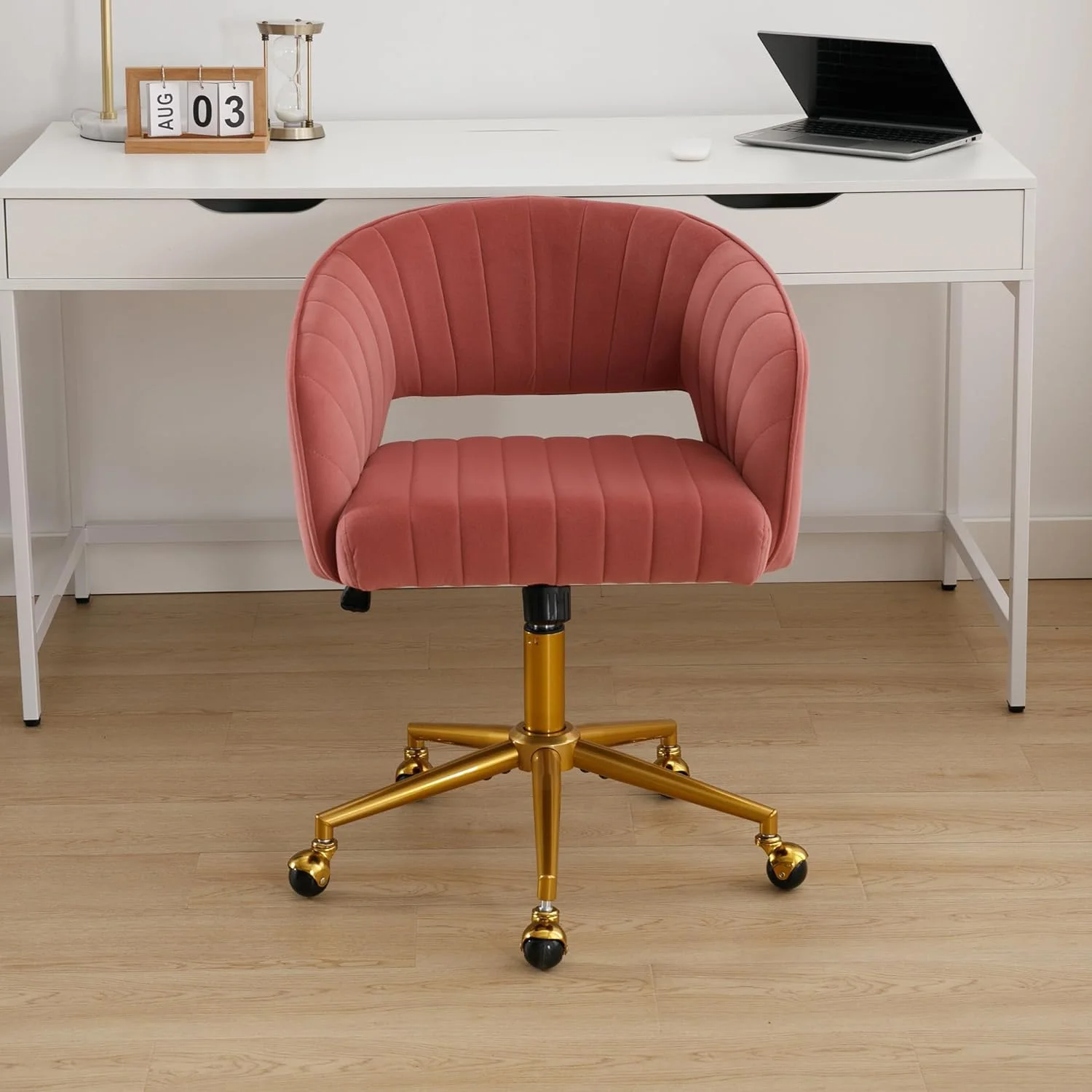 Westice Home Office Desk Chairs, Velvet Task Chair, Height Adjustable Swivel Vanity Chair with Golden Base for Vanity Study, Living Room Computer Room, Beige - Image 29