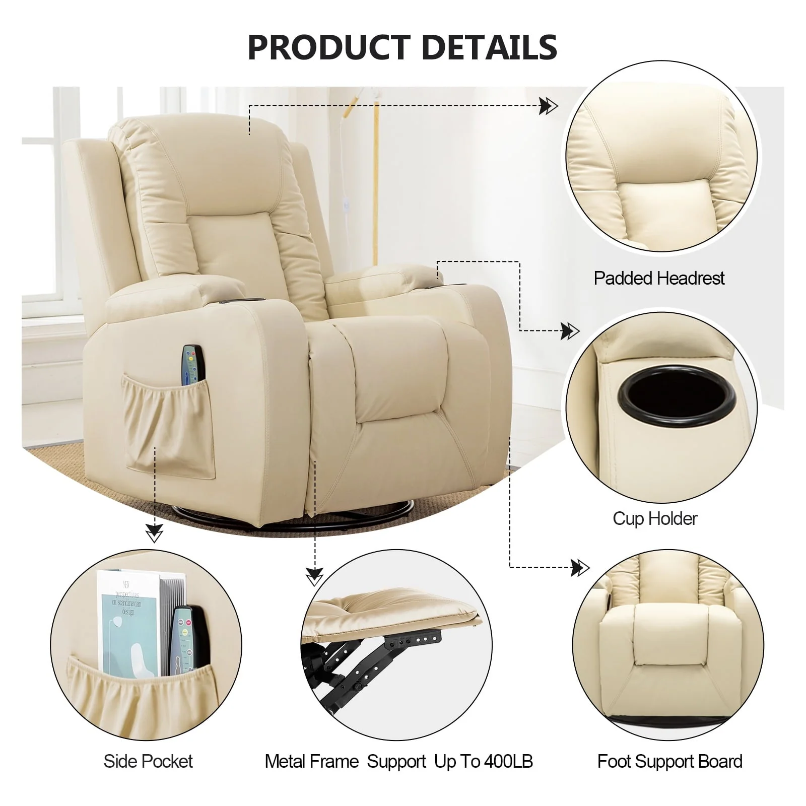 ComHoma Massage Recliner Chair with Heated Massage PU Leather Chair, Cream White - Image 7
