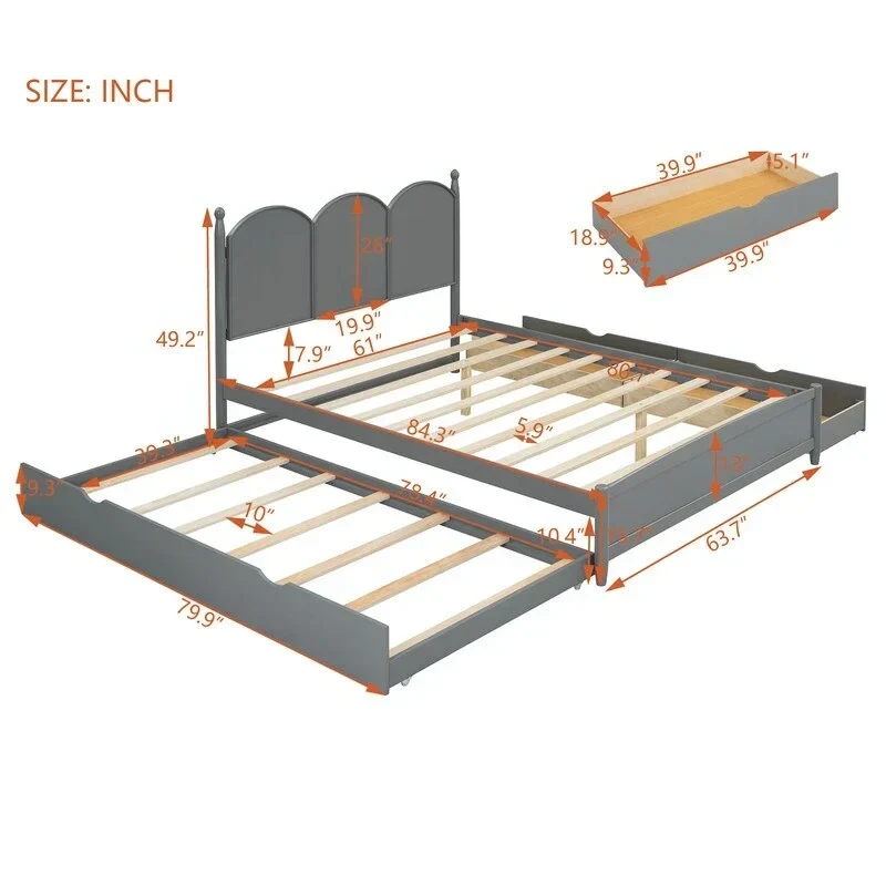 Queen Size Platform Bed with Vintage Headboard - Multifunctional Storage Frame Featuring Twin XL Trundle & 2 Drawers