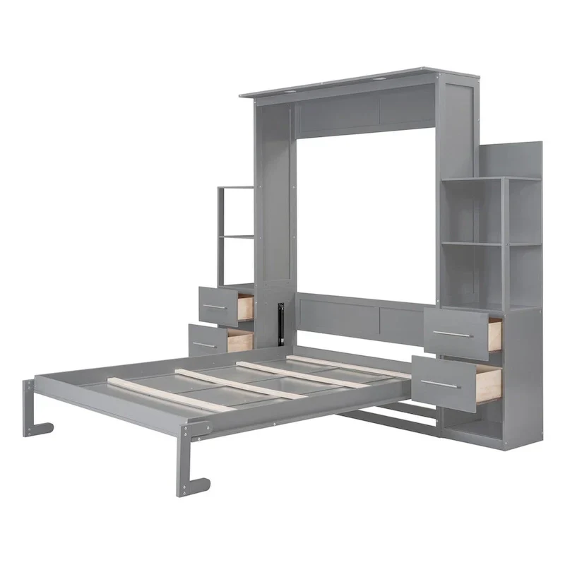 Merax Murphy Bed with Shelves, Drawers, and Integrated LED Lighting