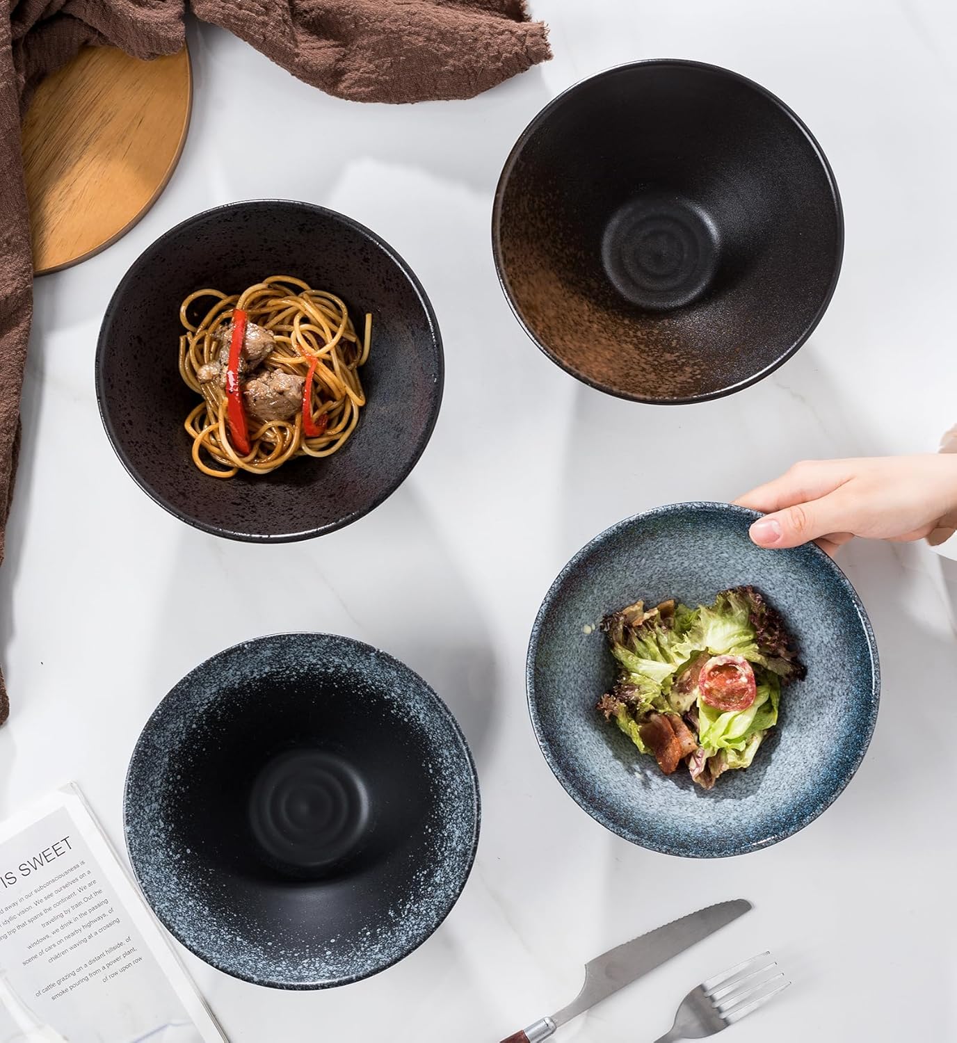 Jusalpha Ceramic Ramen Bowl Set, 7 Inch Asian Noodle Soup Bowls, Set of 4 (4, 7 Inches)