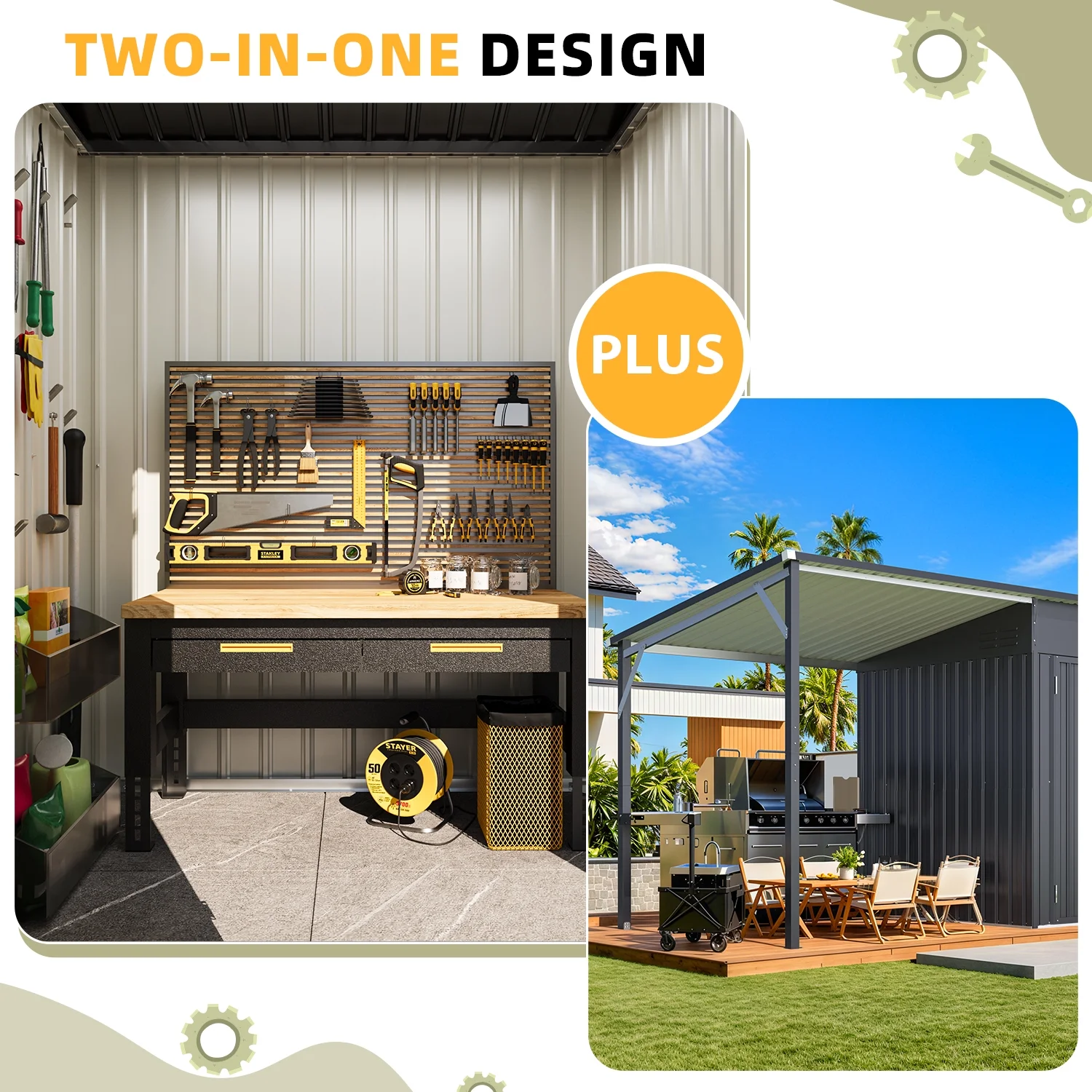YODOLLA Outdoor Open-Sided Storage Shed, 3x5 Sheds & Outdoor Storage with 15 Sq. Ft Covered, 5x3 Small 2-in-1 Tool Shed with Attached Hardtop Metal Pergola Gazebo - Image 19