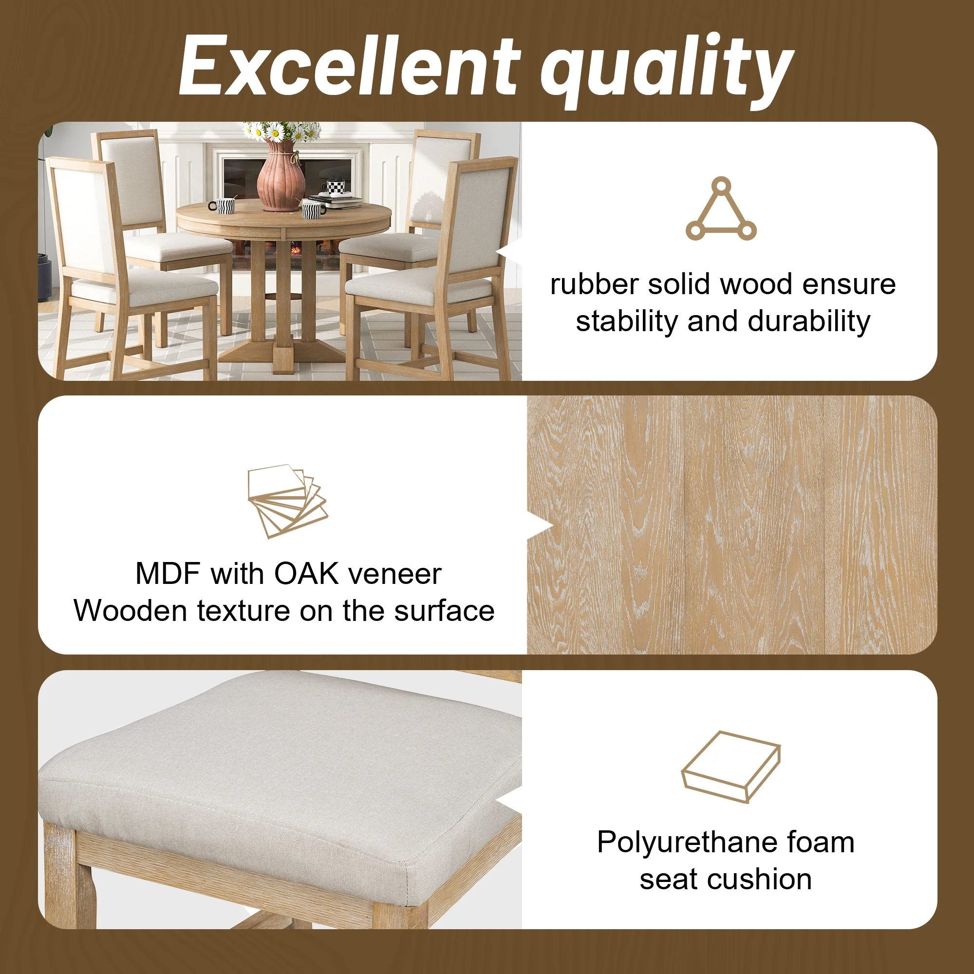5 Piece Round Dining Table Set, Dining Room Set with Extendable Table and 4 Upholstered Chairs, Wood Dining Table Set for 4, Farmhouse Dining Table Set for Kitchen Dining Room Dorm Apartment, Brown - Image 7