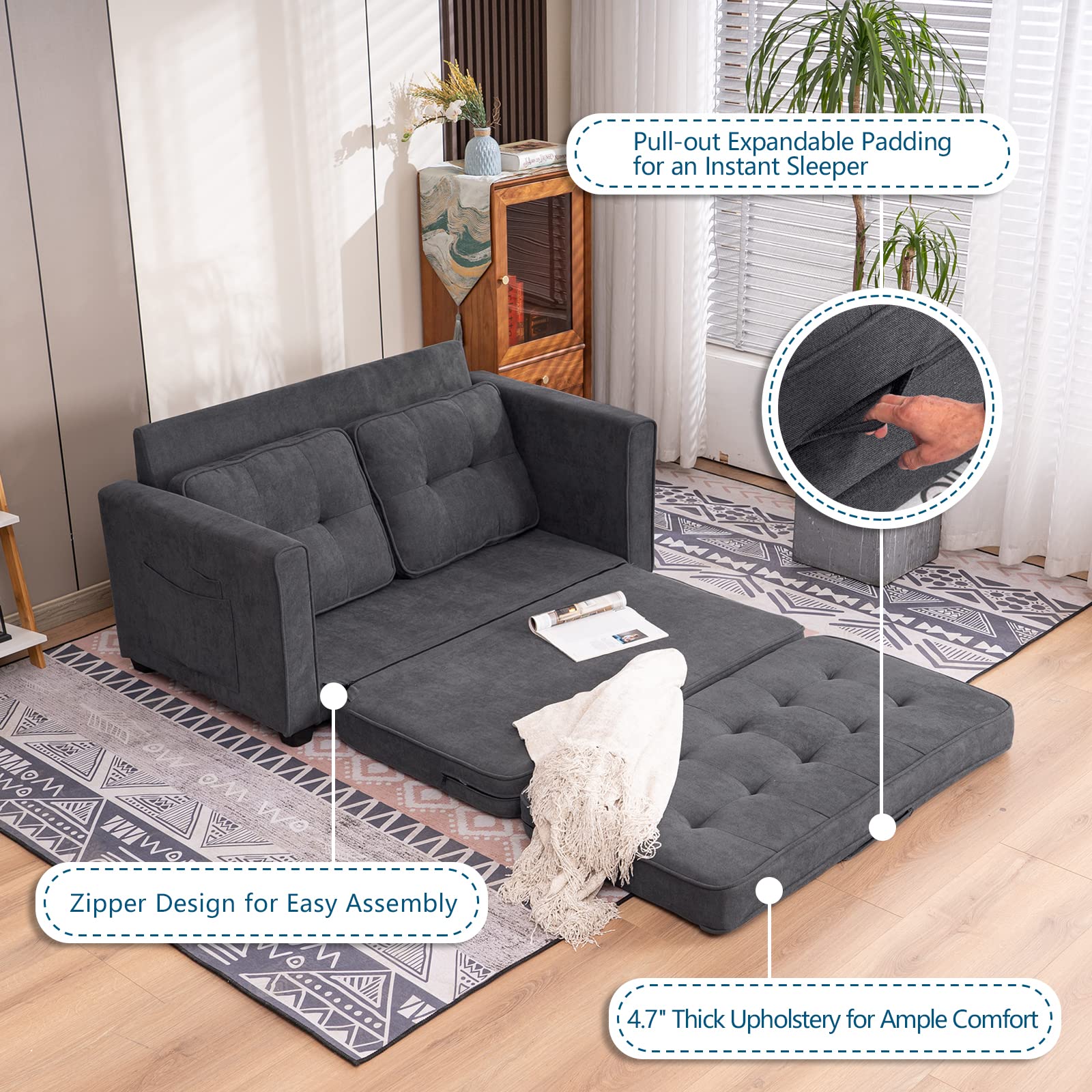 80in Loveseat Sleeper Convertible Loveseat Sofa Bed Black/Navy Blue/Dark Grey/Light Grey/Teal Blue