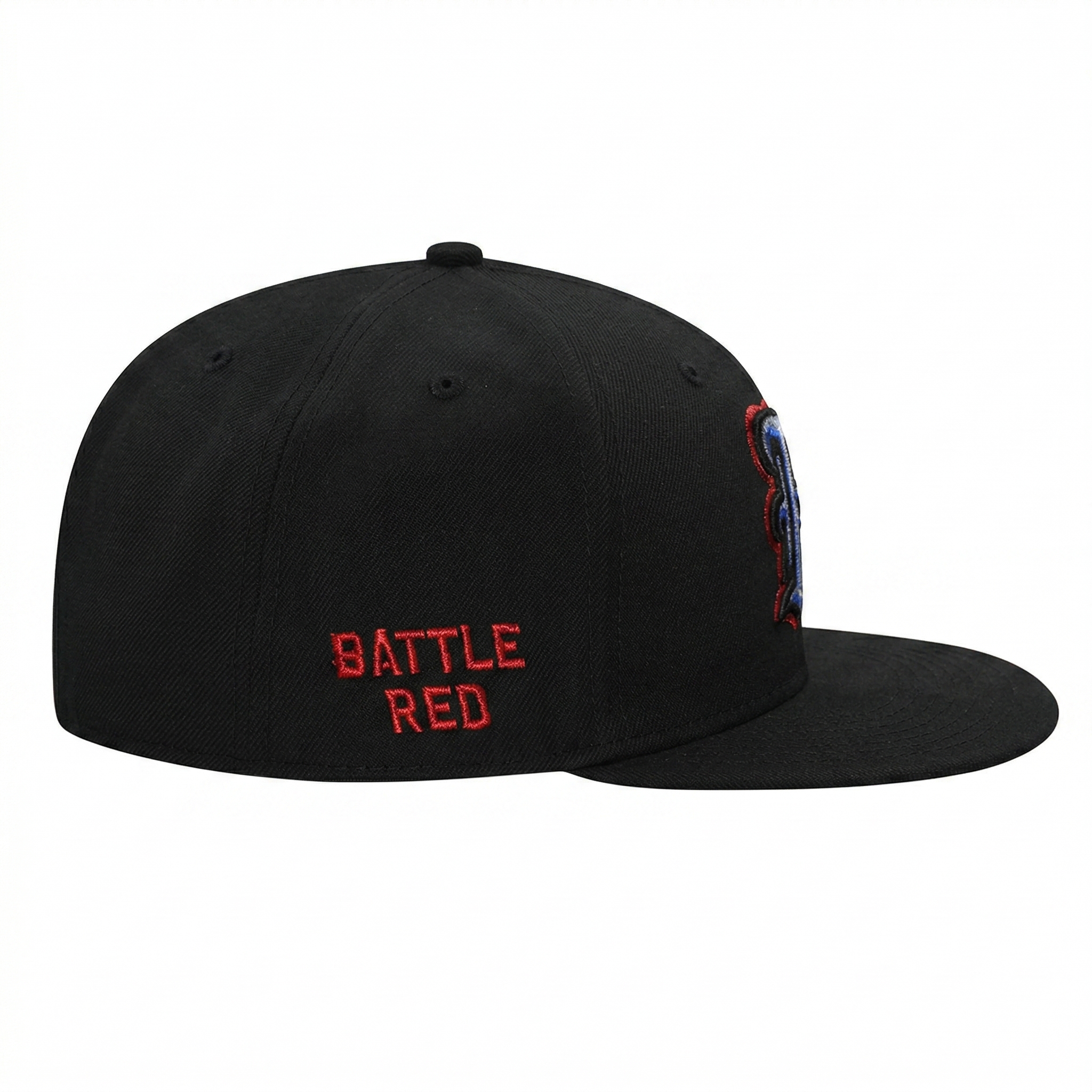 SEVEN HATS Battle Red embroidered black flat bill cap, side profile view showing red text and front logo edge
