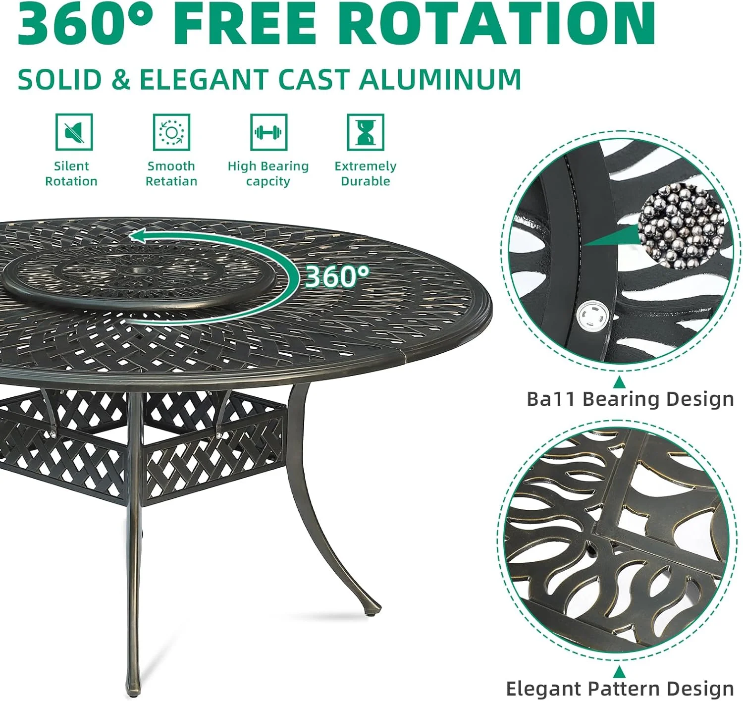 VIVIJASON Outdoor 61" Patio Dining Table for 6-8 Person, Large Patio Round Dining Table with 24" Lazy Susan, Dark Bronze Cast Aluminum Rustic Patio Table W/Umbrella Hole for Balcony, Porch and Deck - Image 6