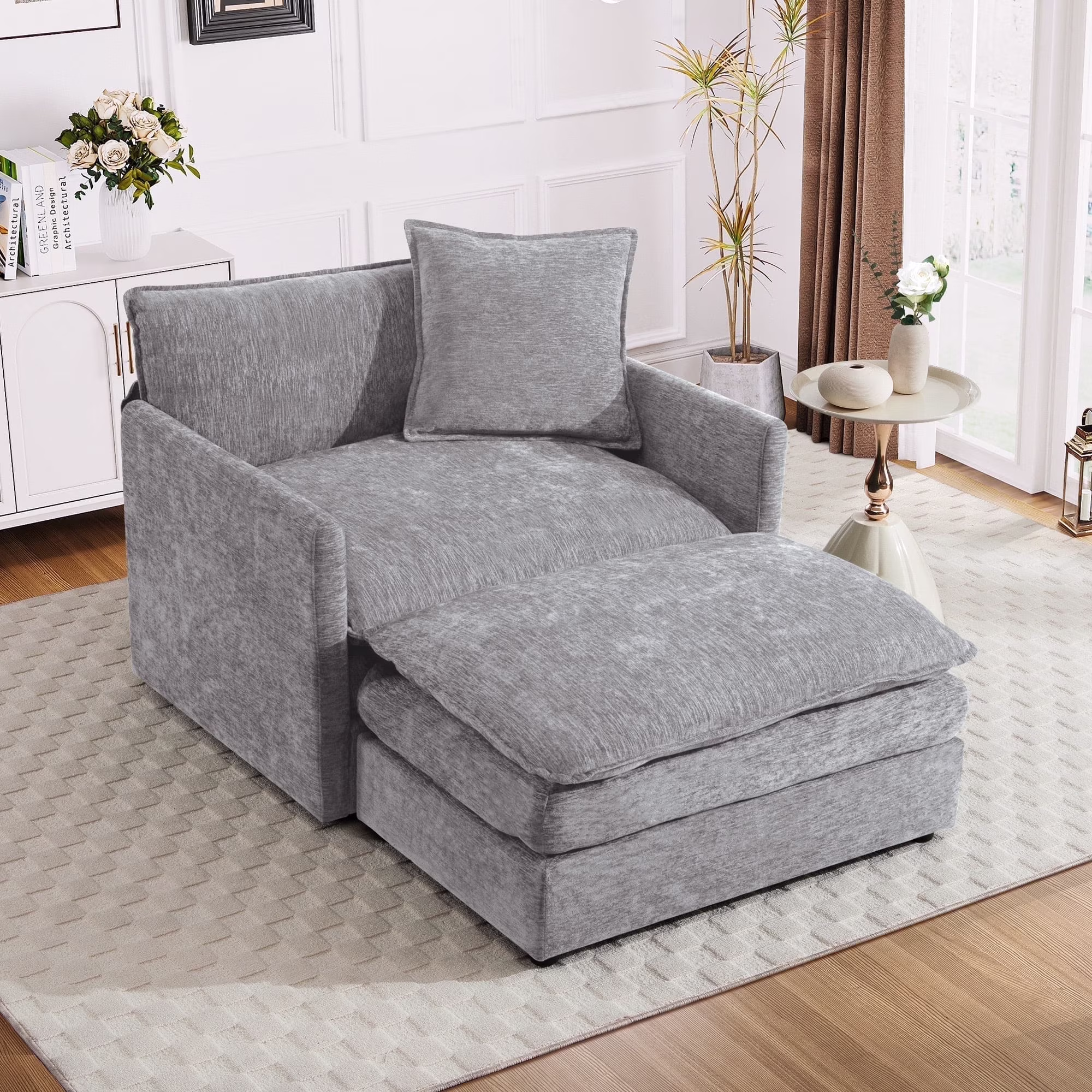 Muumblus Oversized Lounge Chair with Ottoman, Cloud Accent Armchair for Living Room, Beige Chenille - Image 9